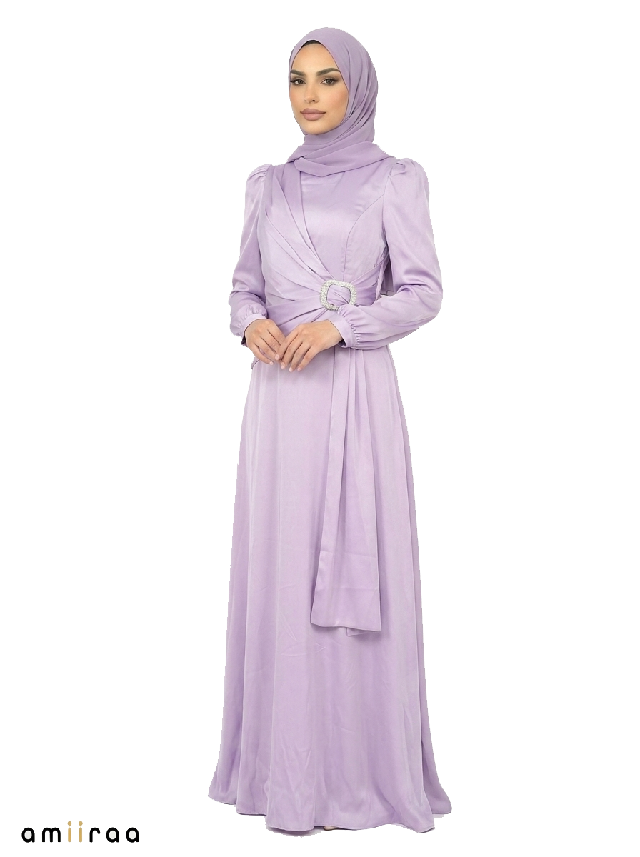 Sheer Lilac Elegant Draped Maxi Dress with Crystal Buckle Detail
