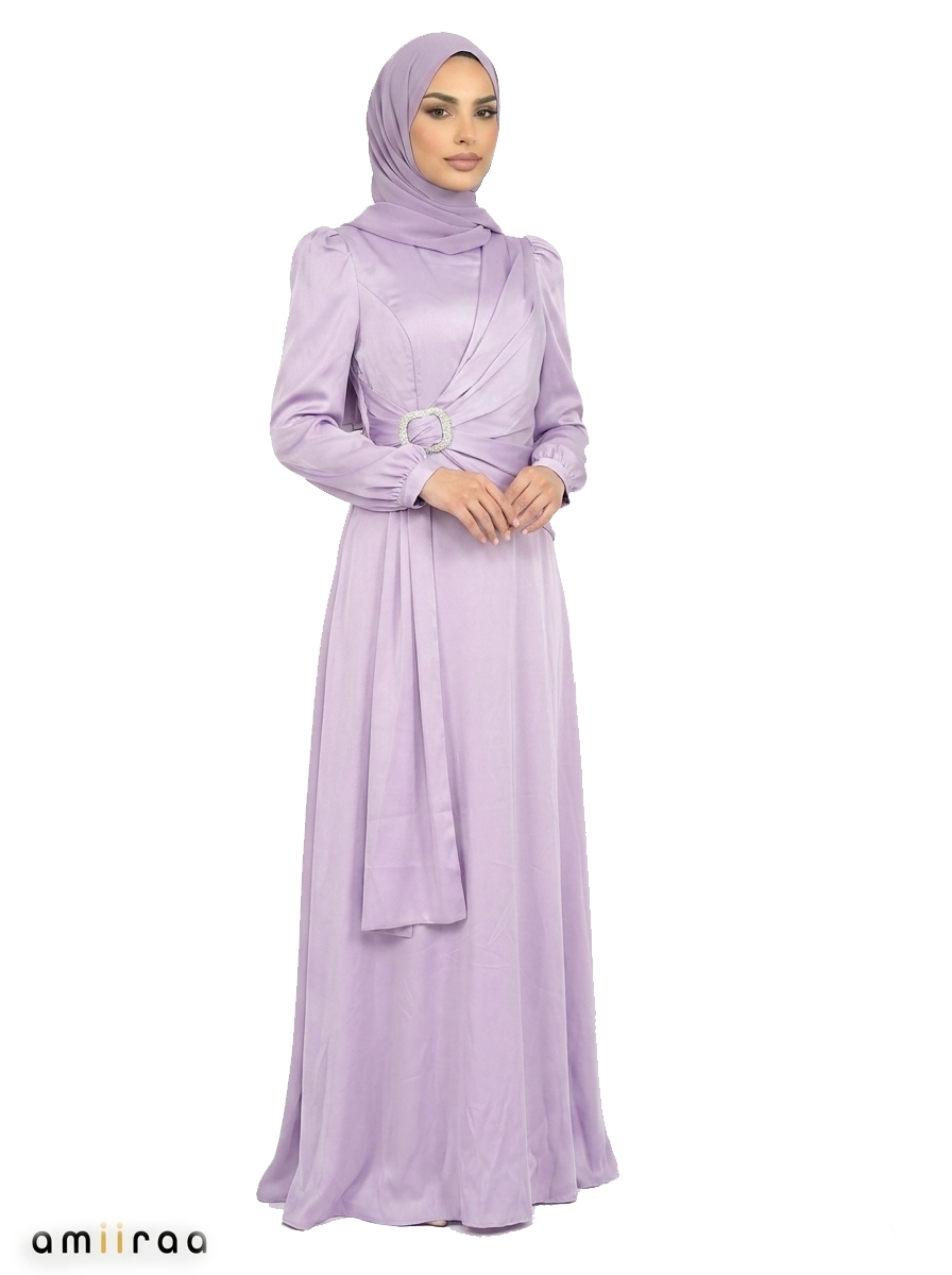 Sheer Lilac Elegant Draped Maxi Dress with Crystal Buckle Detail