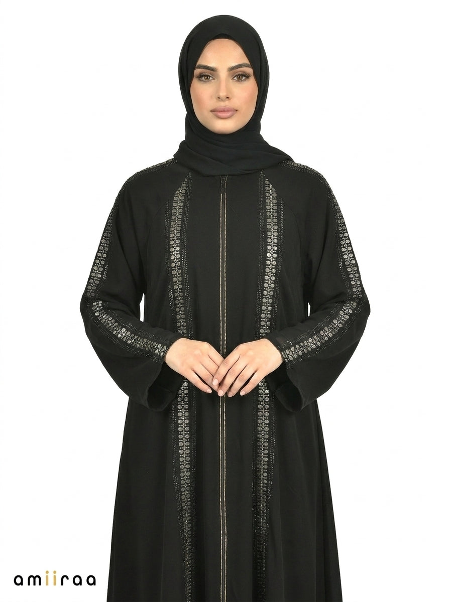 Harvest Gold Embroidered Front-Zip Abaya with Sleeve Detailing
