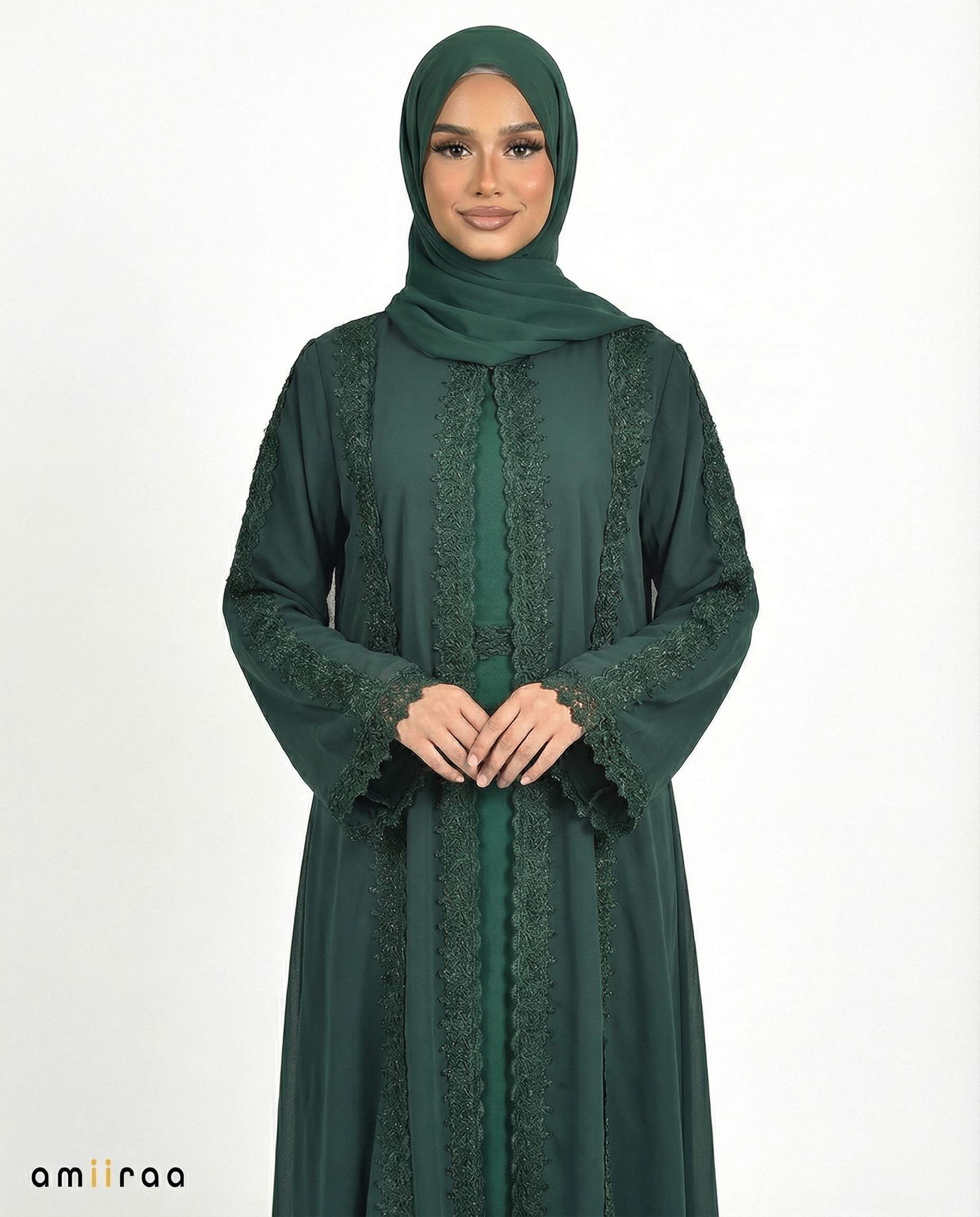 Lace Detailed 3 Piece Modest Chiffon Abaya Set - Botanical Garden