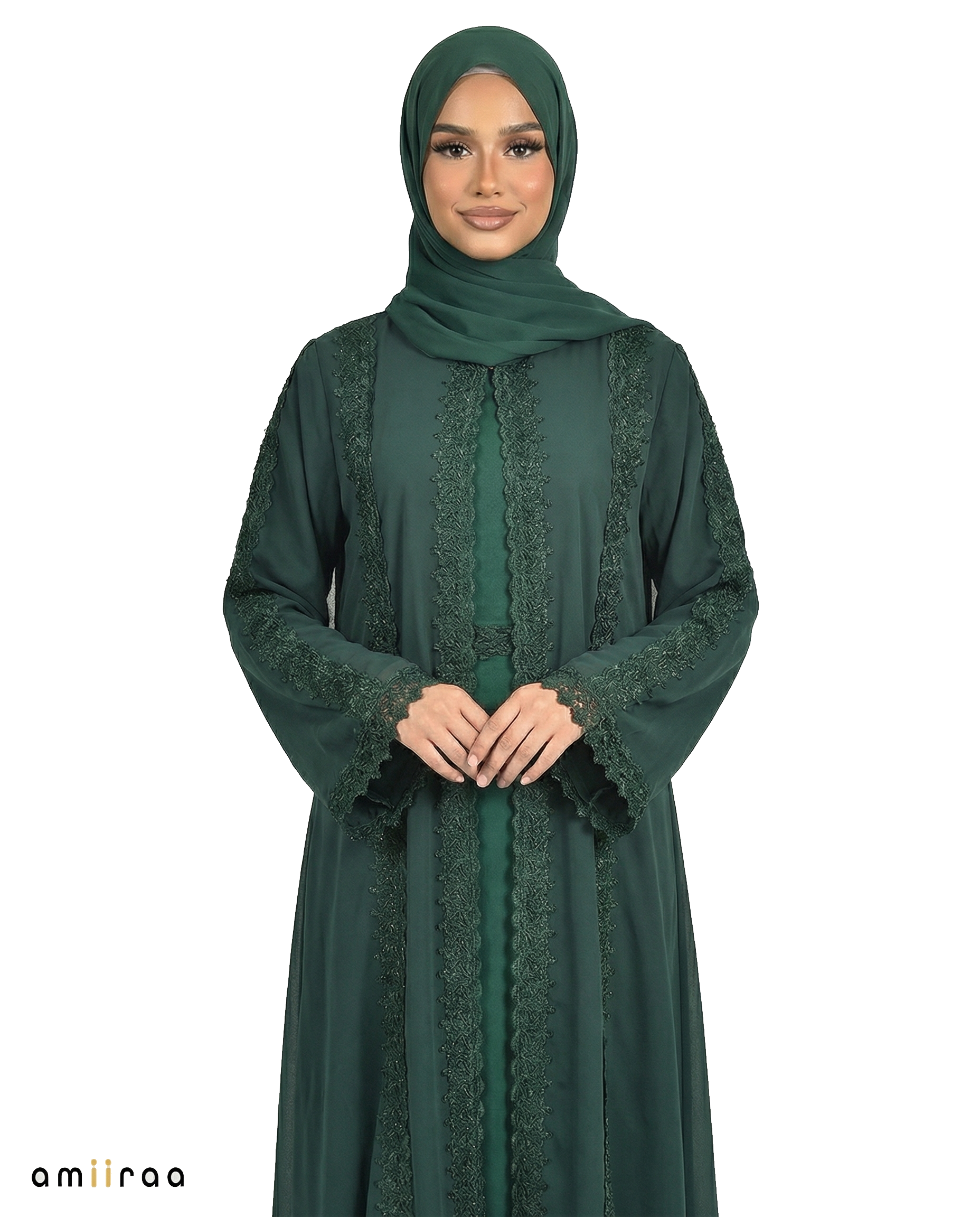 Lace Detailed 3 Piece Modest Chiffon Abaya Set - Botanical Garden