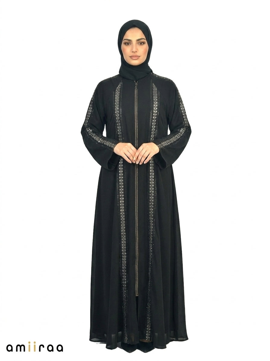 Harvest Gold Embroidered Front-Zip Abaya with Sleeve Detailing