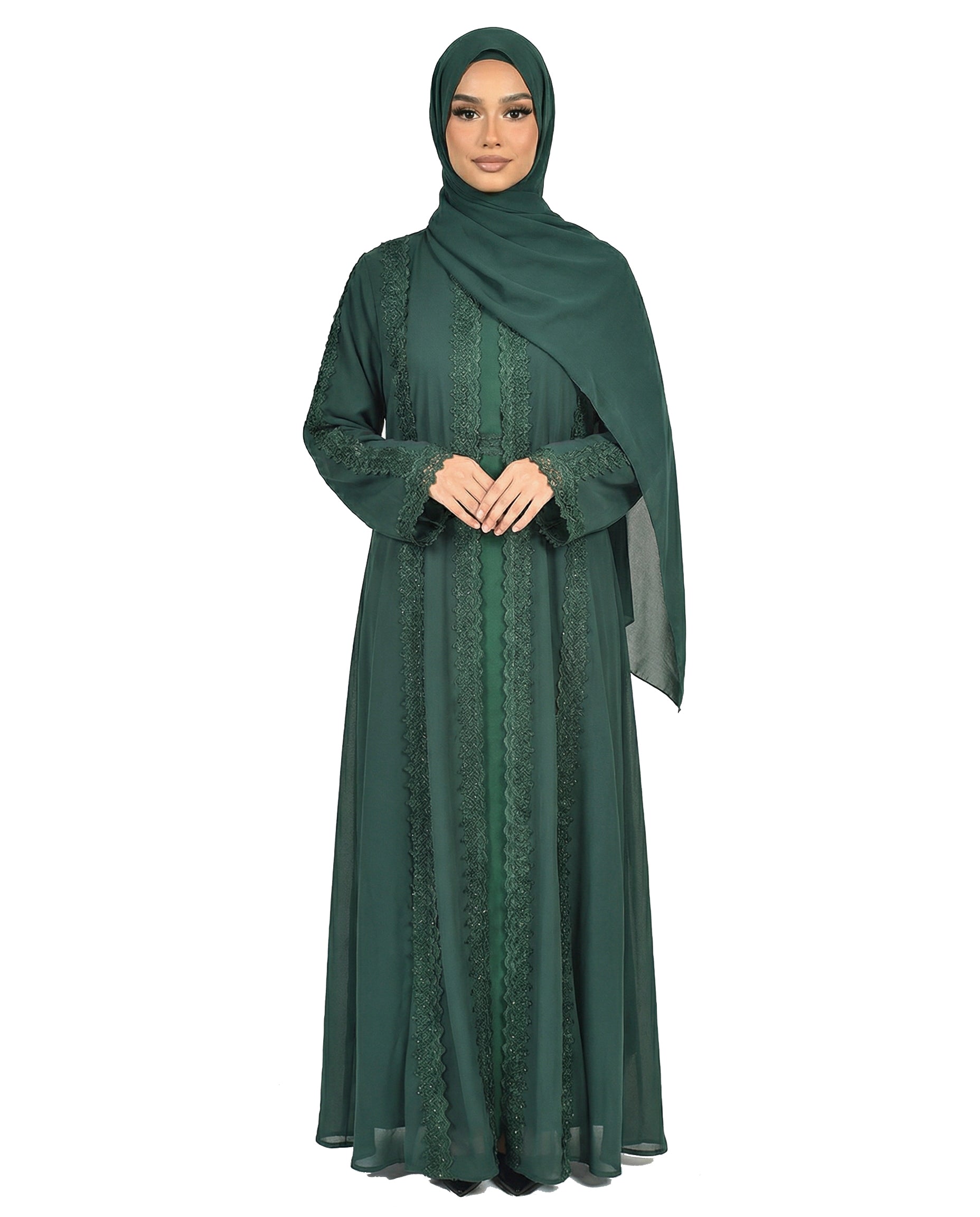 Lace Detailed 3 Piece Modest Chiffon Abaya Set - Botanical Garden
