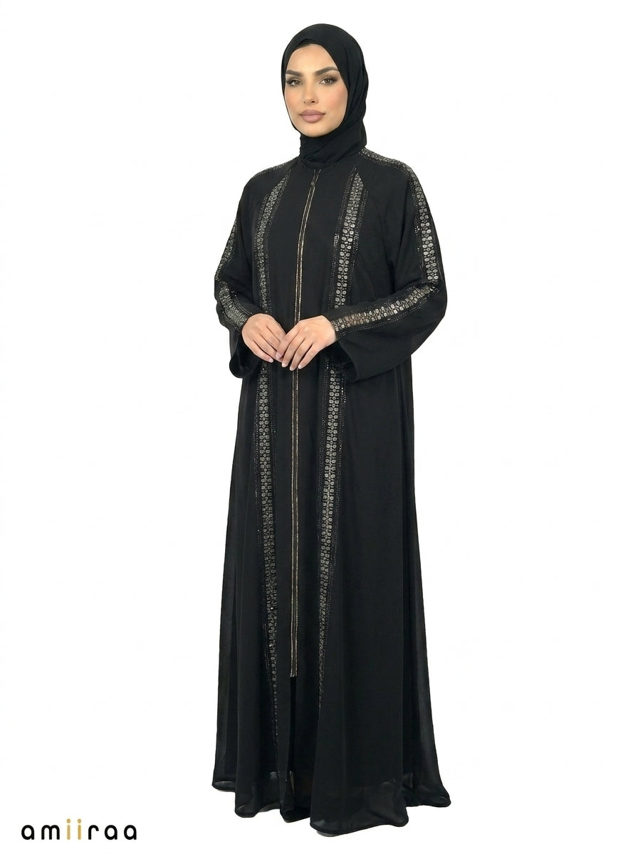 Harvest Gold Embroidered Front-Zip Abaya with Sleeve Detailing