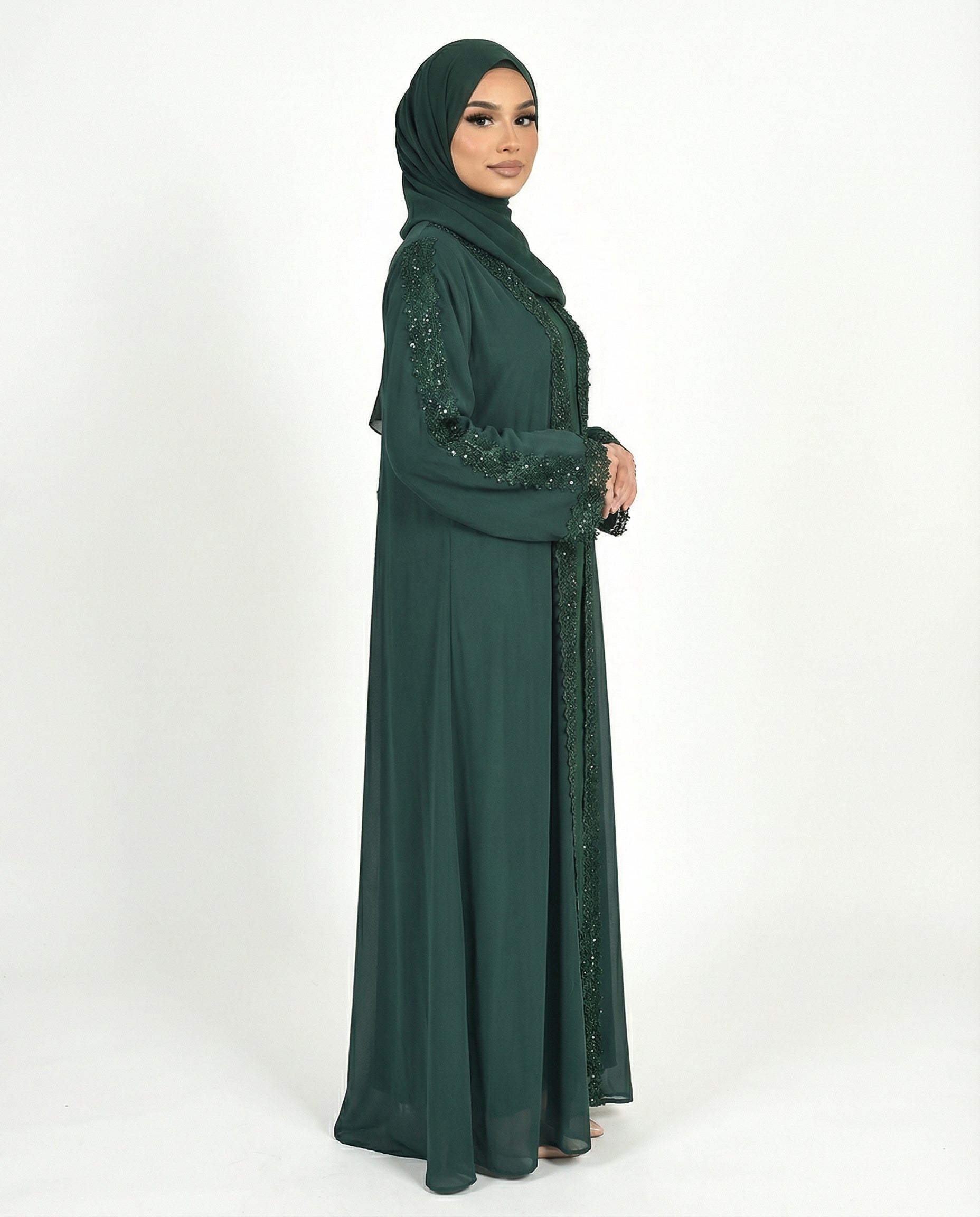 Lace Detailed 3 Piece Modest Chiffon Abaya Set - Botanical Garden
