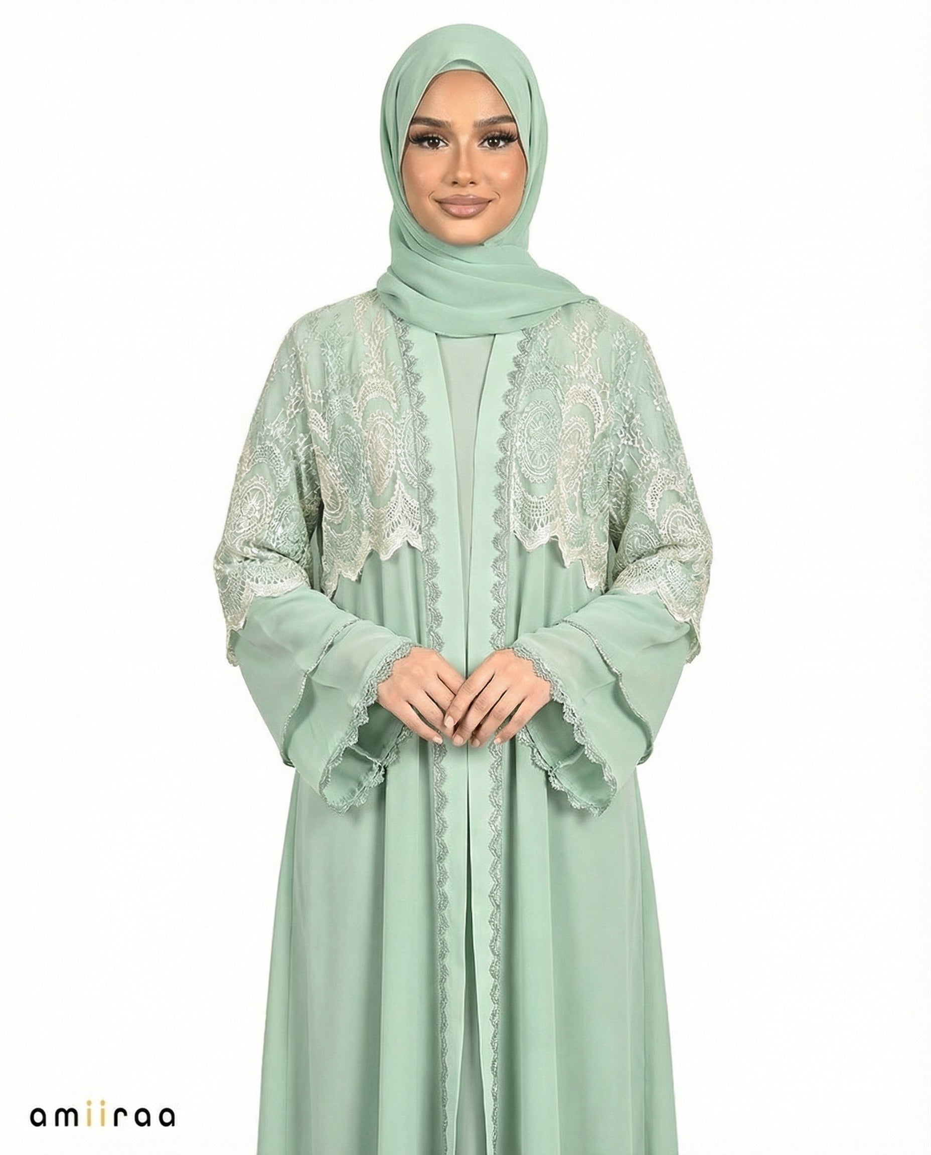 Mineral Blue Chiffon Abaya Set with Lace and Stone Detail and Ruffle Bell Sleeve
