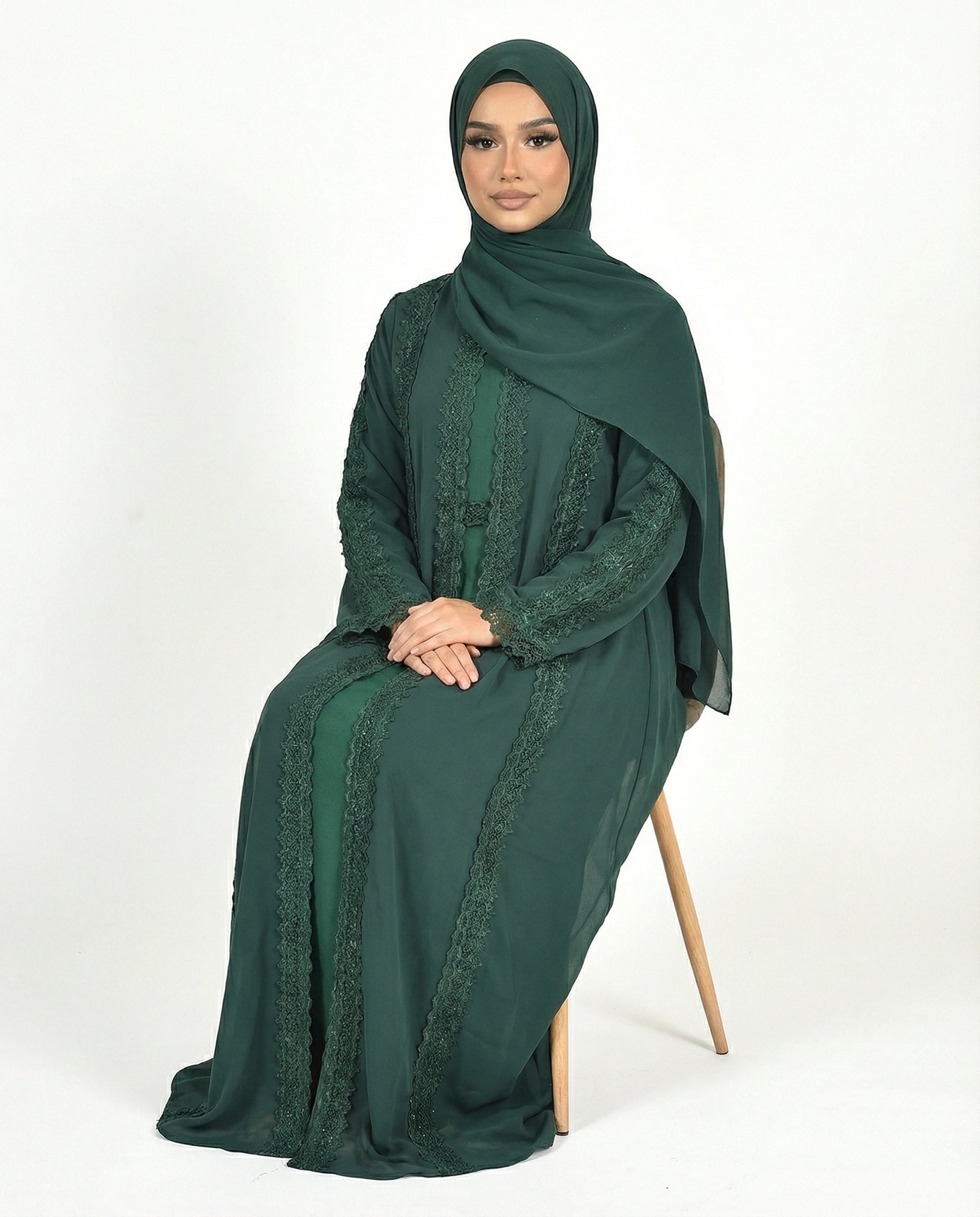 Lace Detailed 3 Piece Modest Chiffon Abaya Set - Botanical Garden