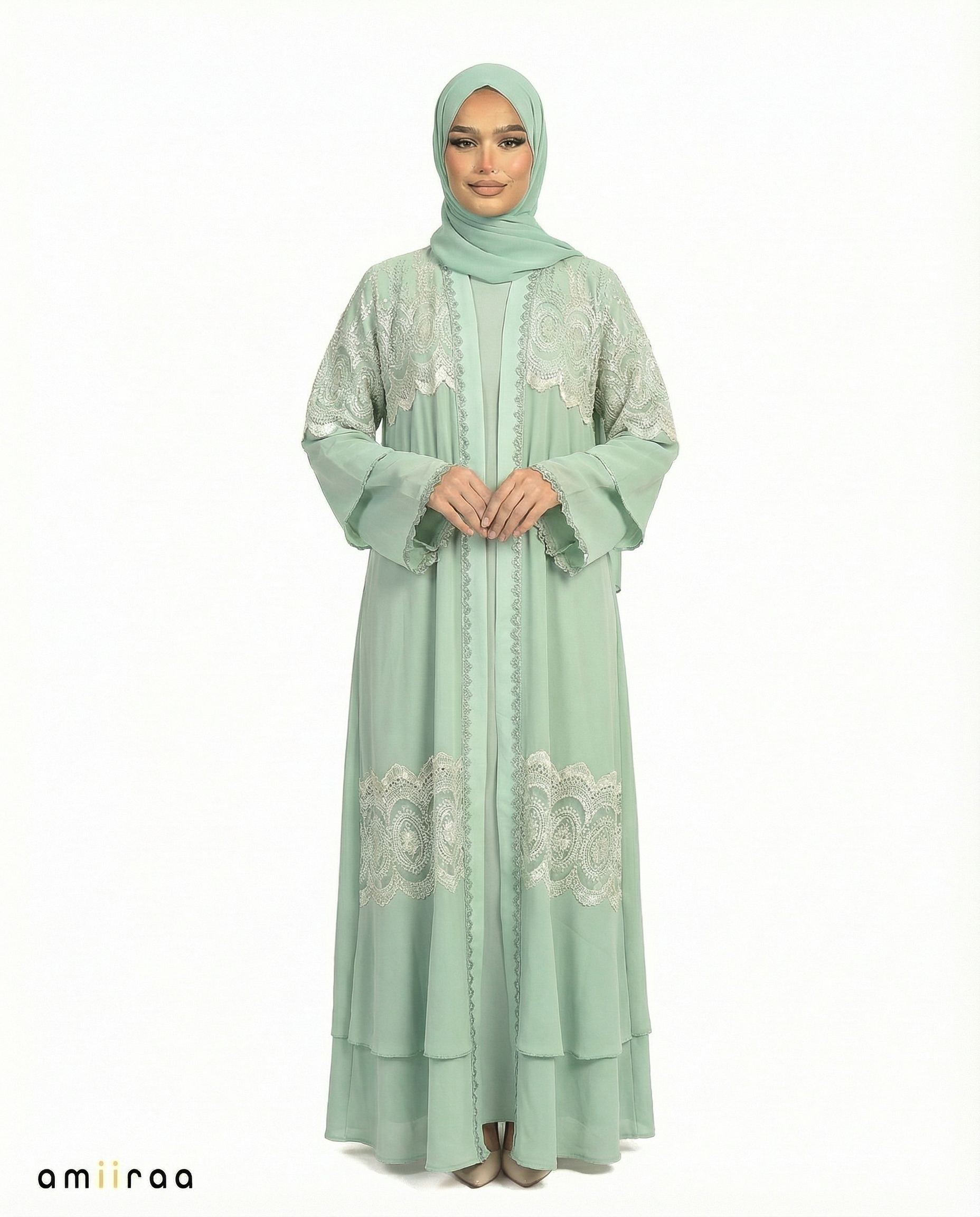 Mineral Blue Chiffon Abaya Set with Lace and Stone Detail and Ruffle Bell Sleeve