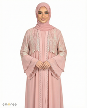 Mellow Rose Chiffon Abaya Set with Lace and Stone Detail and Ruffle Bell Sleeve