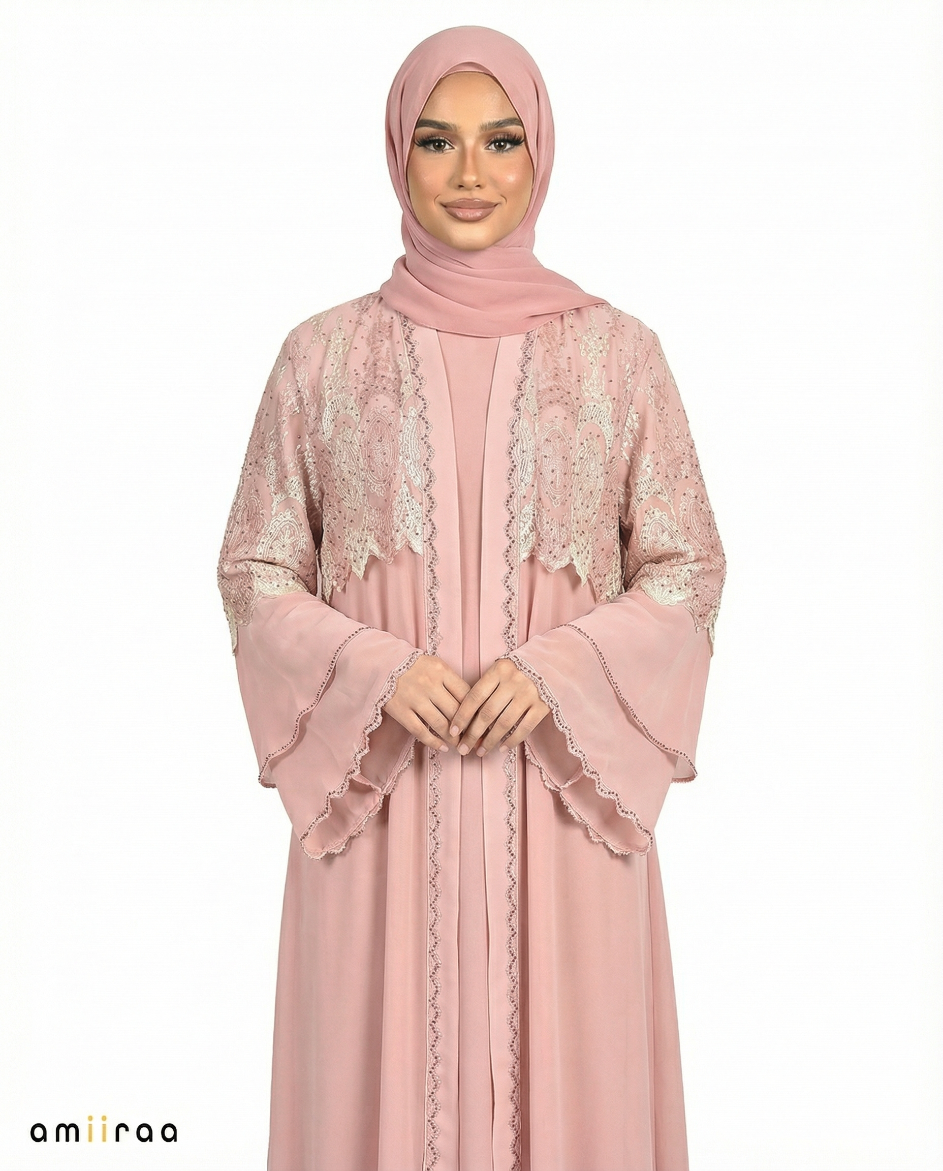 Mellow Rose Chiffon Abaya Set with Lace and Stone Detail and Ruffle Bell Sleeve