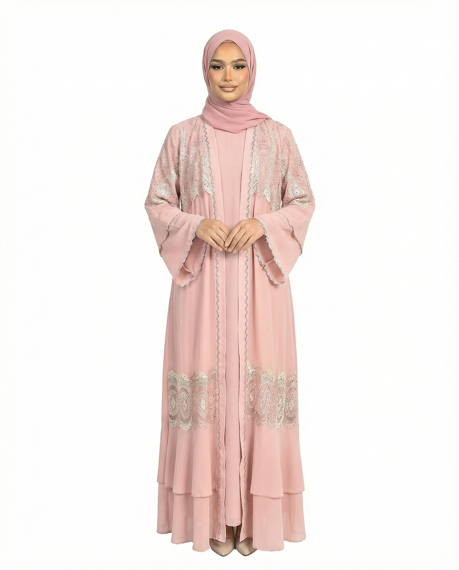 Mellow Rose Chiffon Abaya Set with Lace and Stone Detail and Ruffle Bell Sleeve