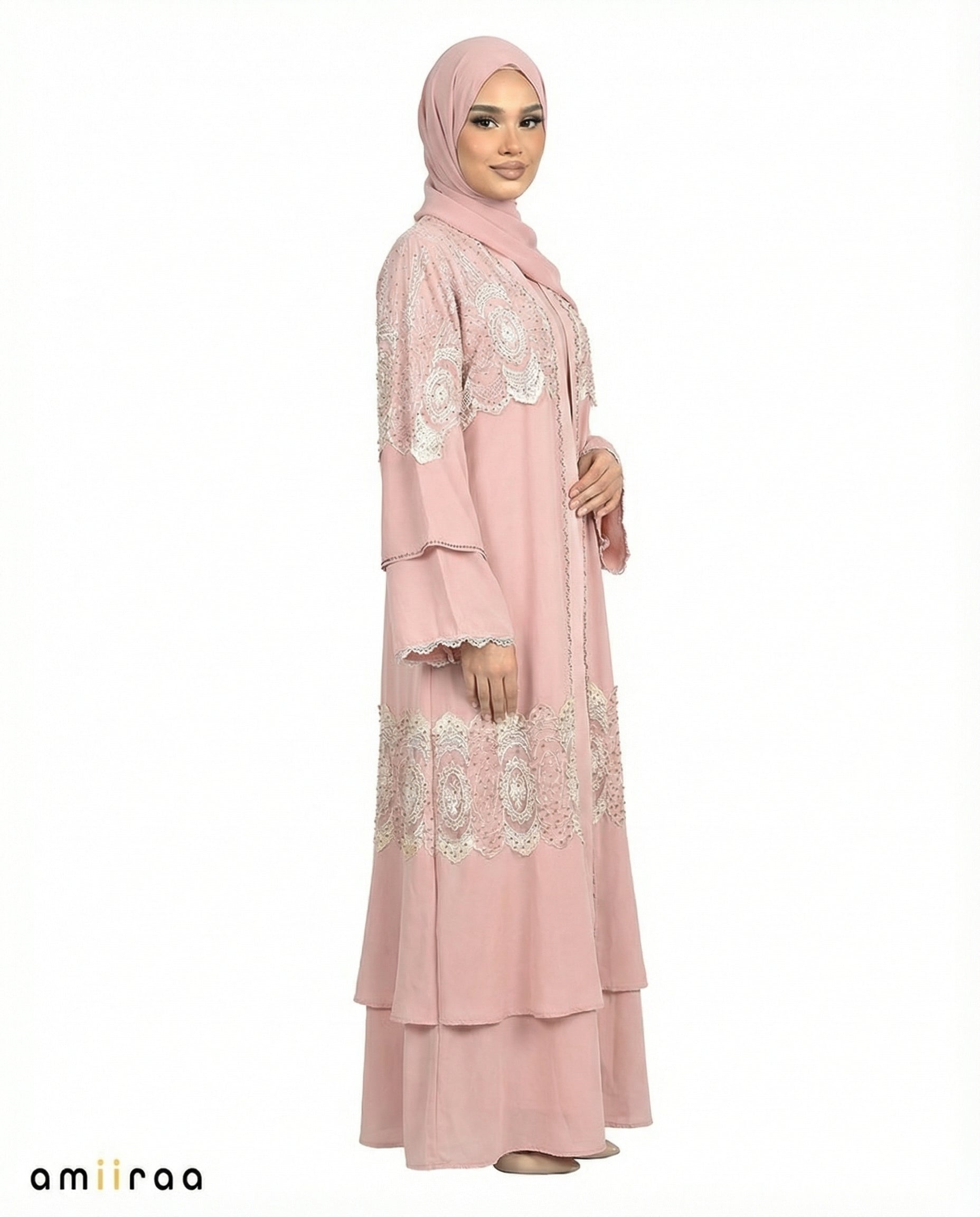 Mellow Rose Chiffon Abaya Set with Lace and Stone Detail and Ruffle Bell Sleeve