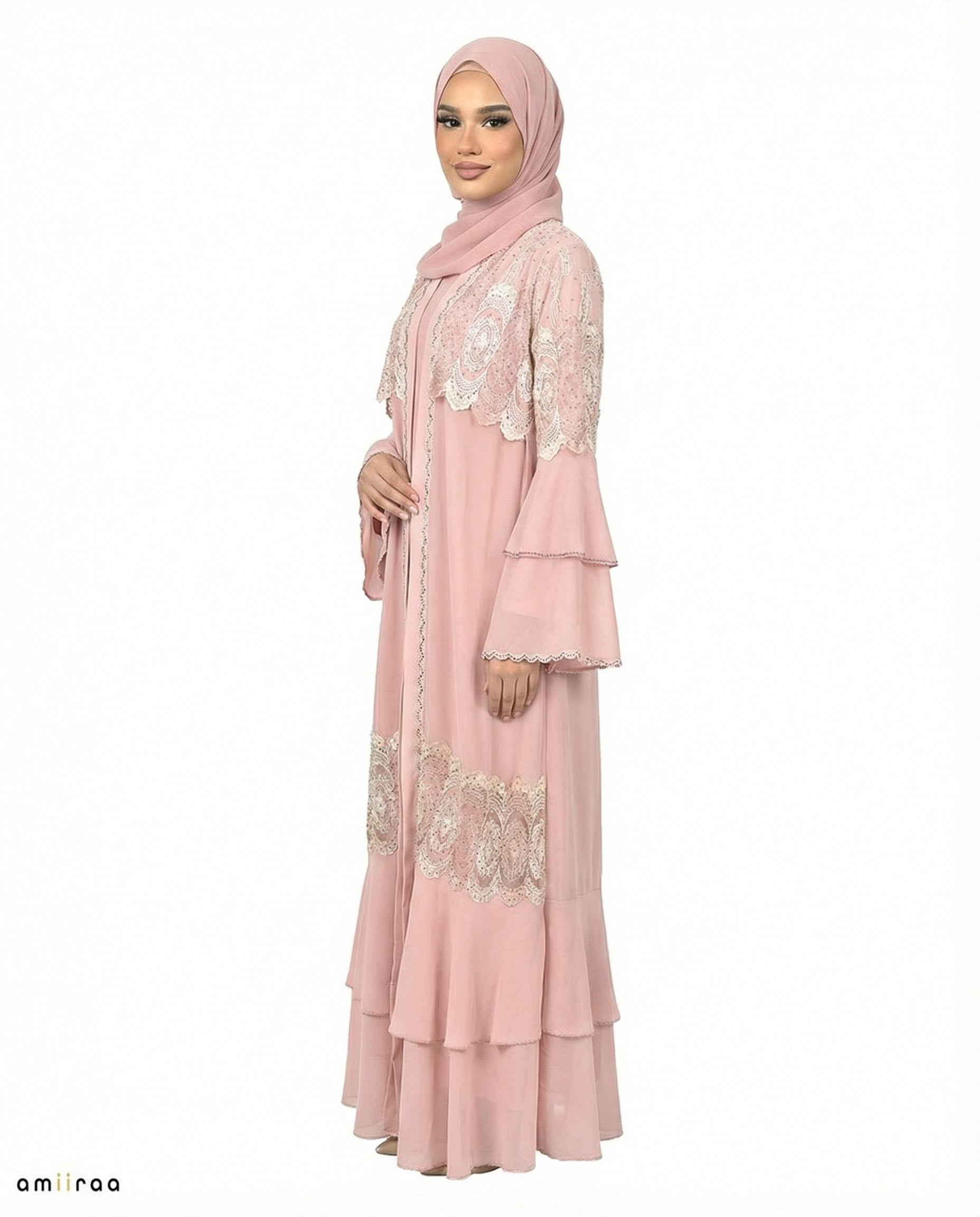 Mellow Rose Chiffon Abaya Set with Lace and Stone Detail and Ruffle Bell Sleeve