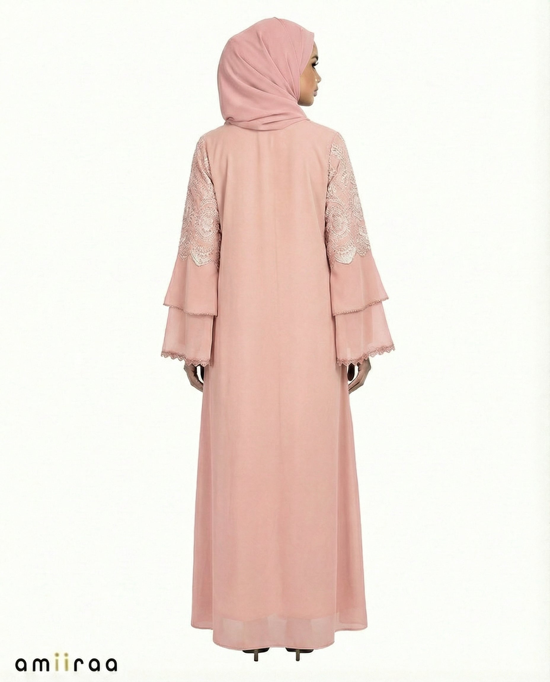 Mellow Rose Chiffon Abaya Set with Lace and Stone Detail and Ruffle Bell Sleeve
