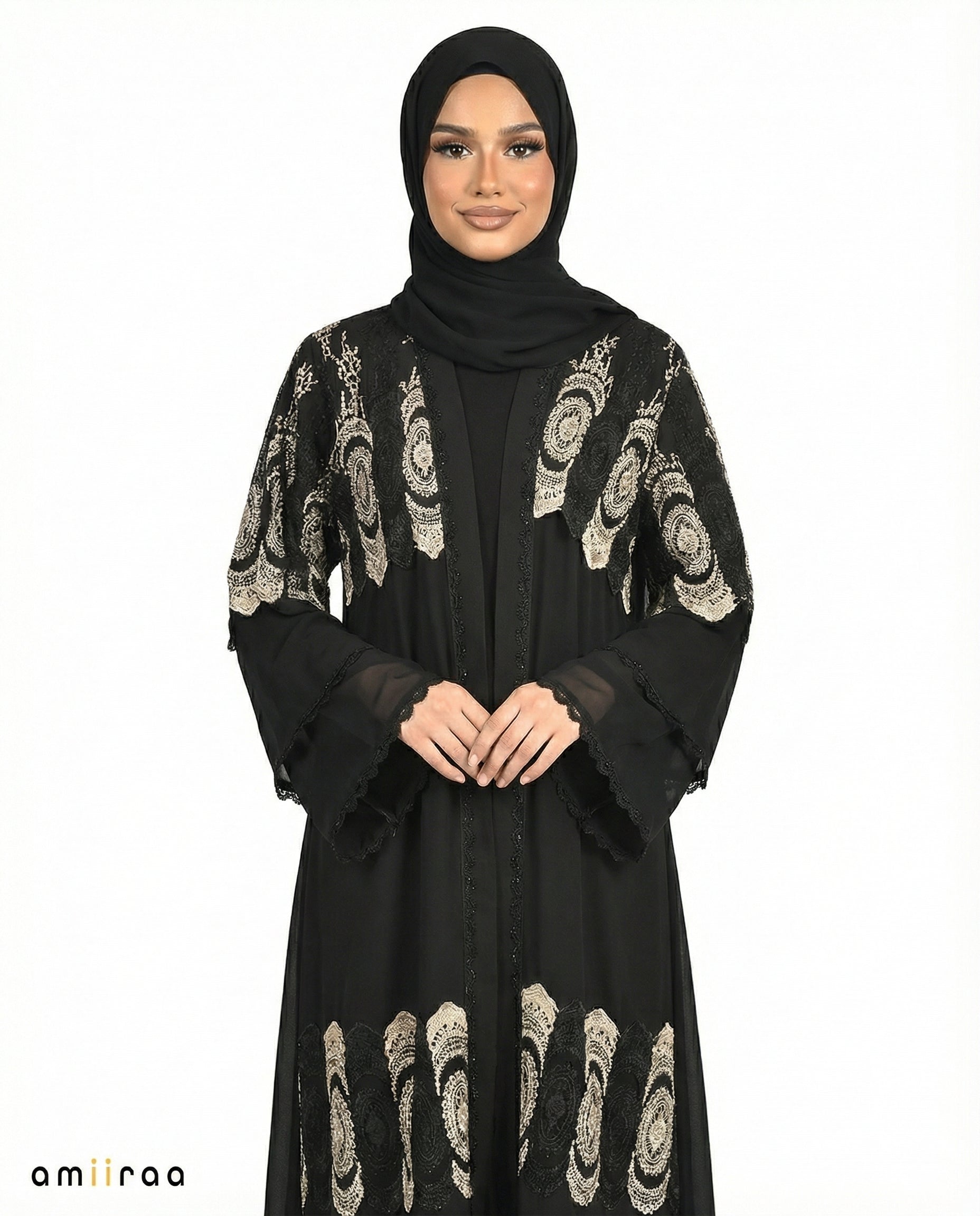 Tap Shoe Chiffon Abaya Set with Lace and Stone Detail and Ruffle Bell Sleeve