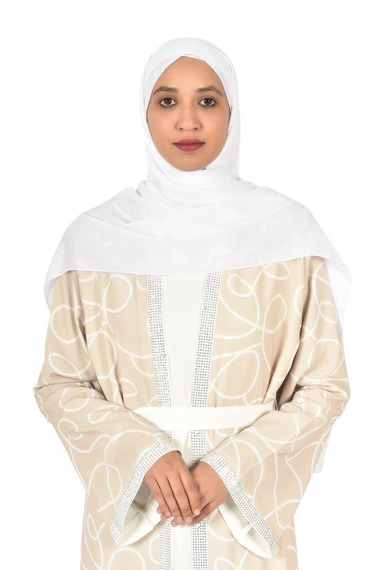 Elegant Beige Abaya with White Patterns & Waist Belt (katalia )