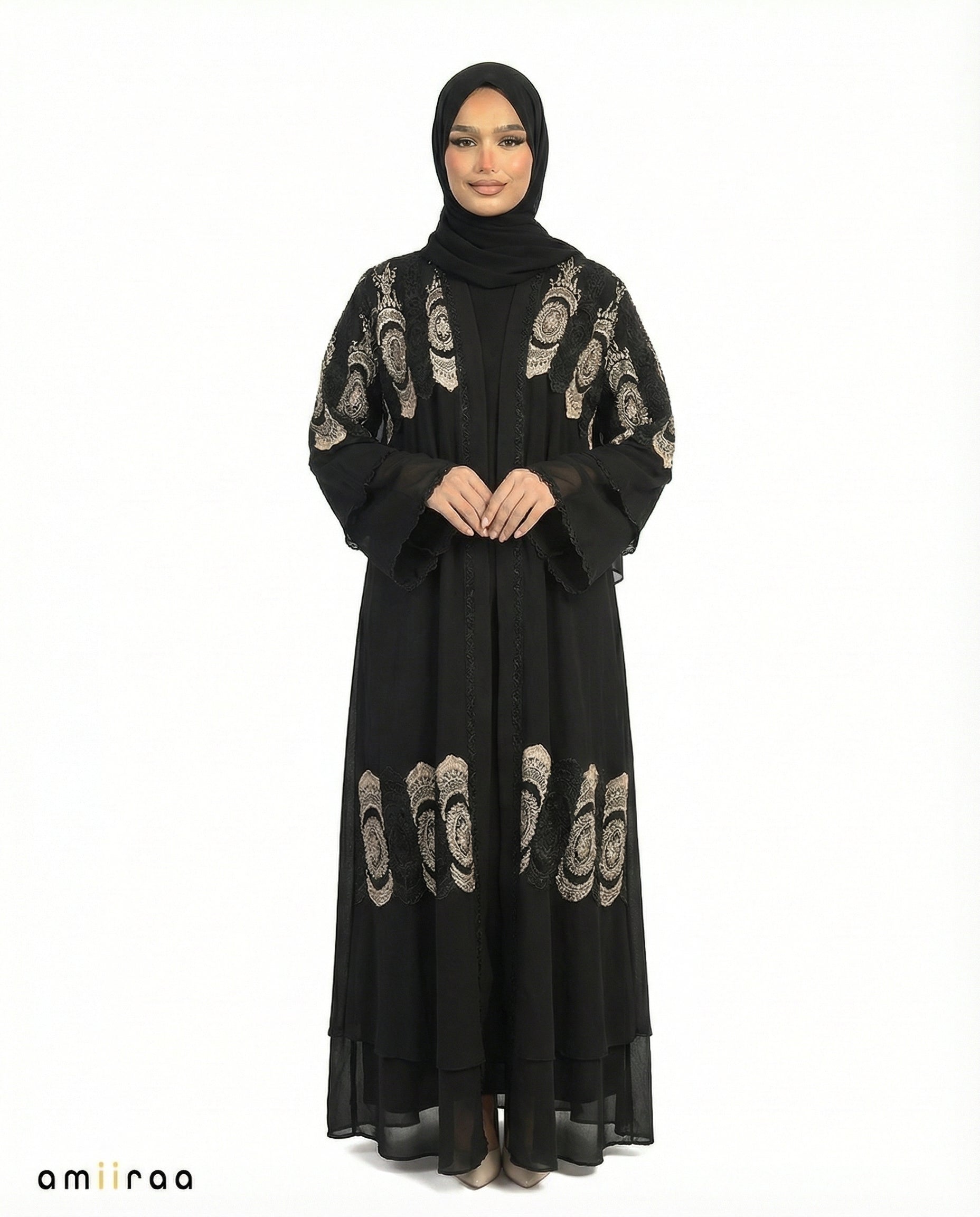 Tap Shoe Chiffon Abaya Set with Lace and Stone Detail and Ruffle Bell Sleeve