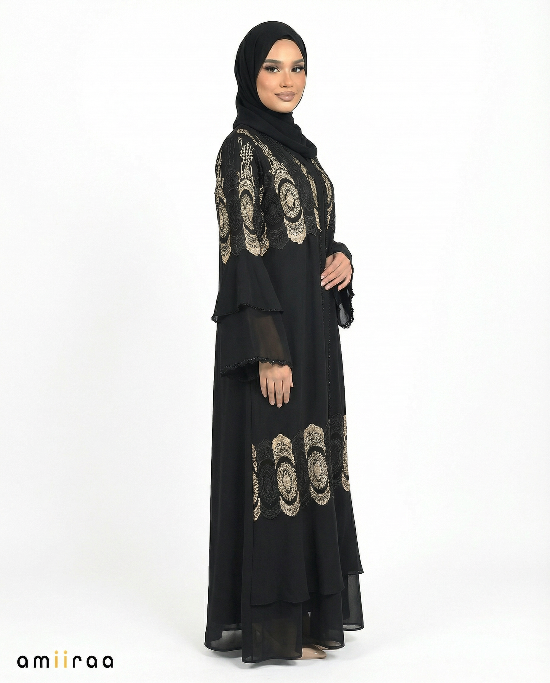 Tap Shoe Chiffon Abaya Set with Lace and Stone Detail and Ruffle Bell Sleeve
