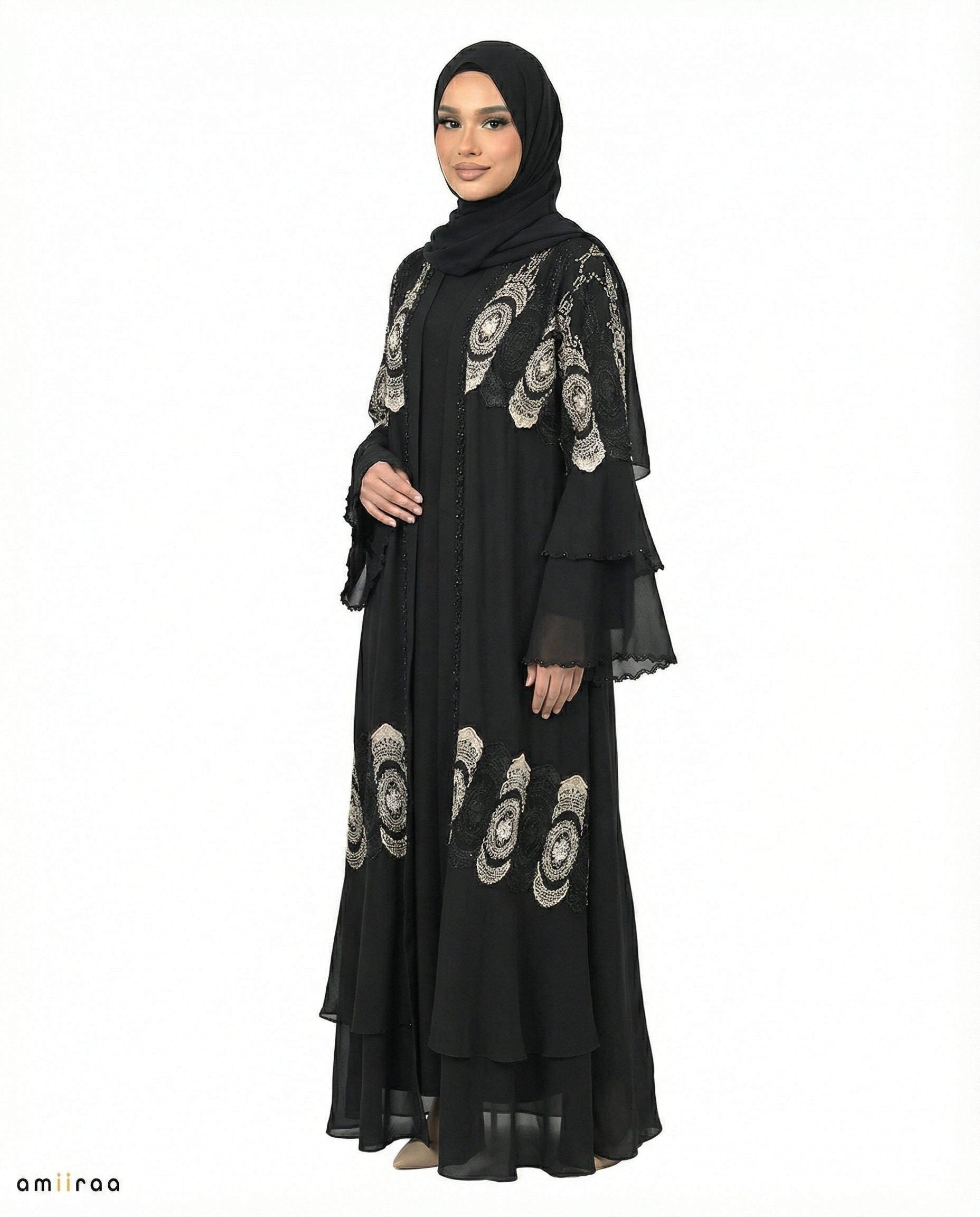 Tap Shoe Chiffon Abaya Set with Lace and Stone Detail and Ruffle Bell Sleeve