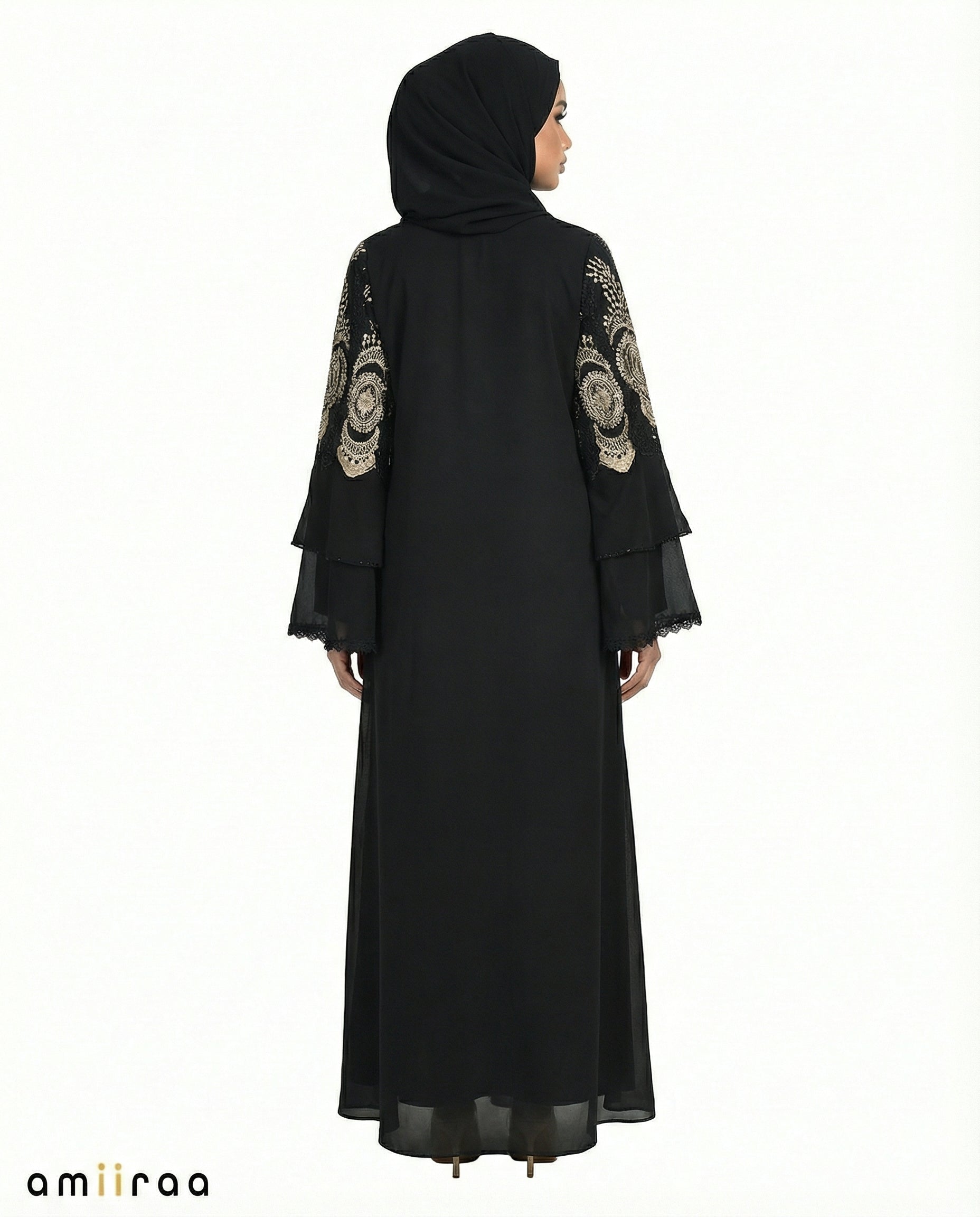 Tap Shoe Chiffon Abaya Set with Lace and Stone Detail and Ruffle Bell Sleeve