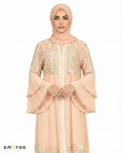 Peach Whip Chiffon Abaya Set with Lace and Stone Detail and Ruffle Bell Sleeve