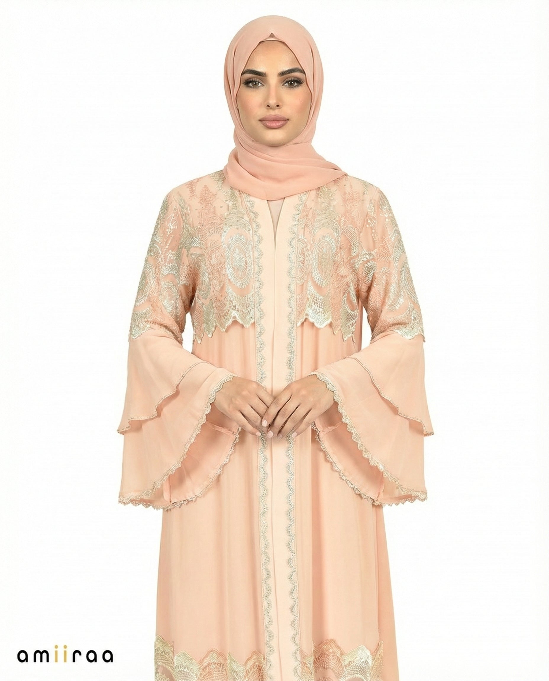 Peach Whip Chiffon Abaya Set with Lace and Stone Detail and Ruffle Bell Sleeve