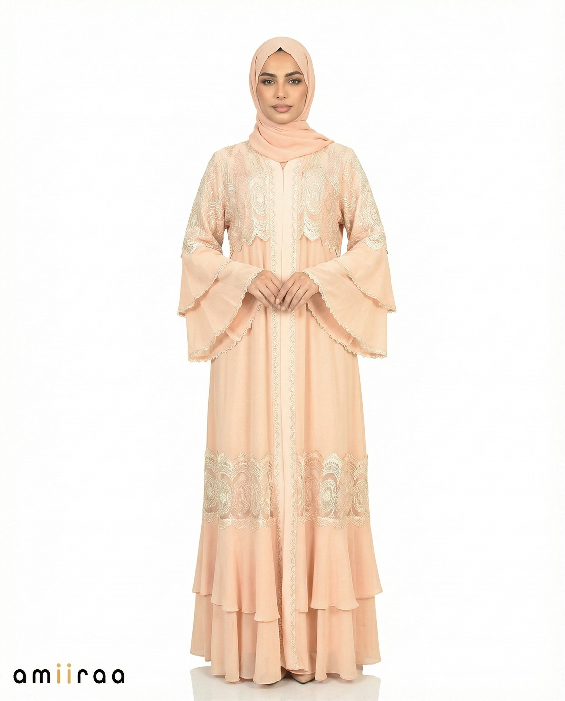 Peach Whip Chiffon Abaya Set with Lace and Stone Detail and Ruffle Bell Sleeve