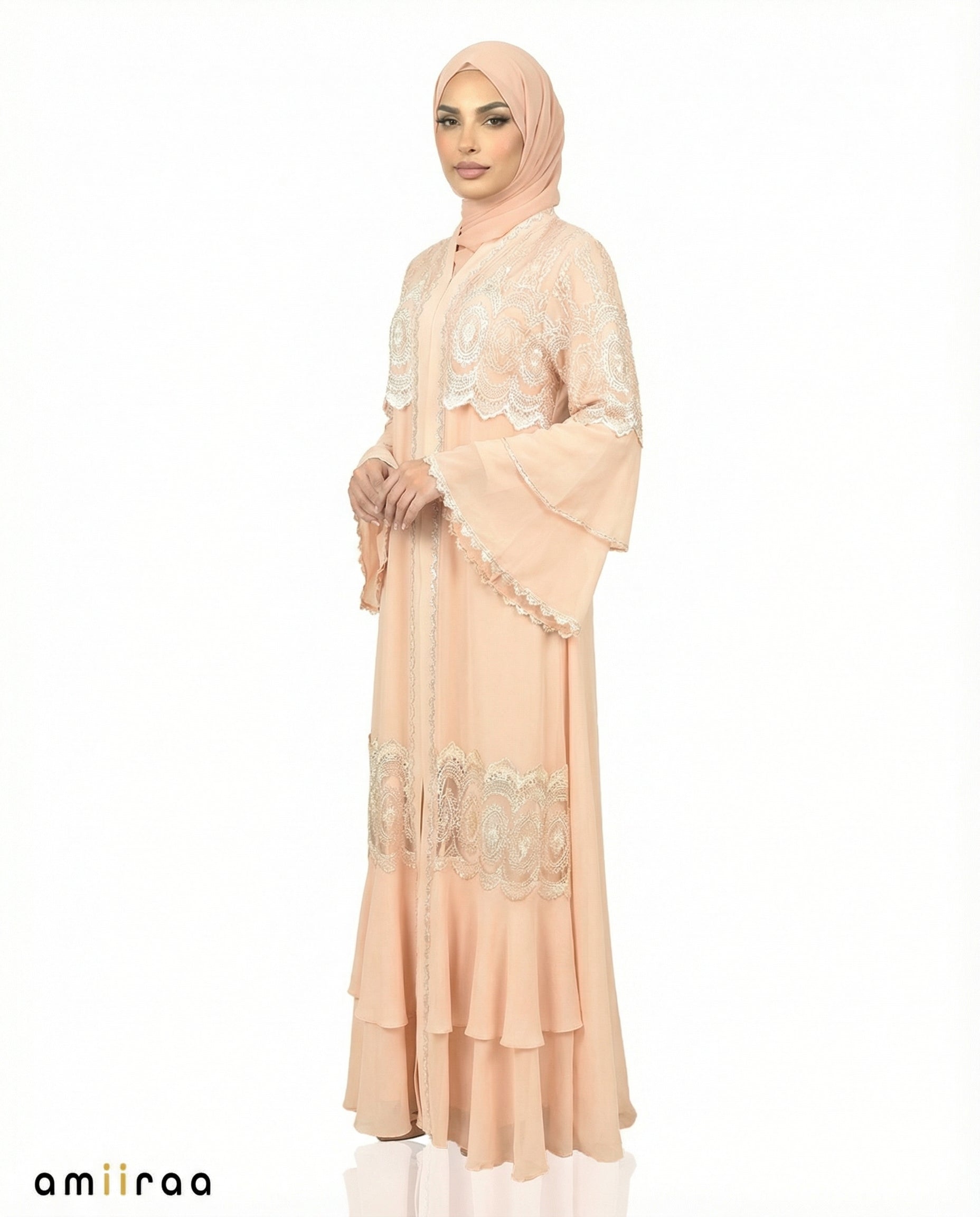 Peach Whip Chiffon Abaya Set with Lace and Stone Detail and Ruffle Bell Sleeve