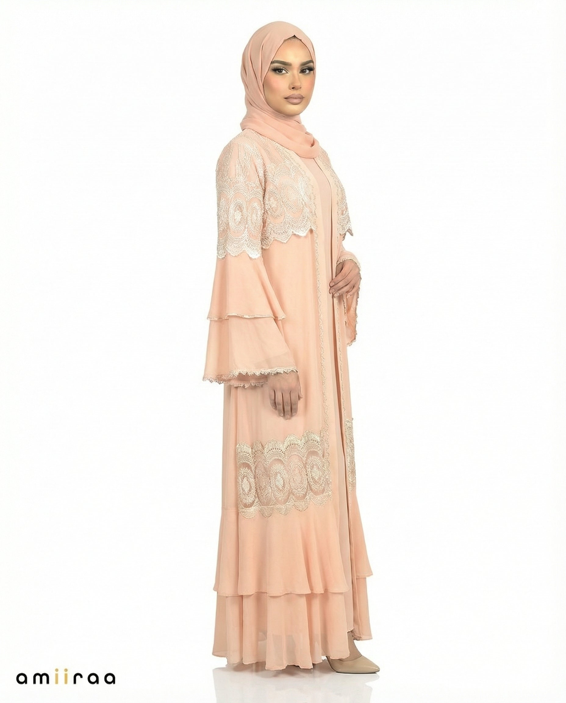 Peach Whip Chiffon Abaya Set with Lace and Stone Detail and Ruffle Bell Sleeve