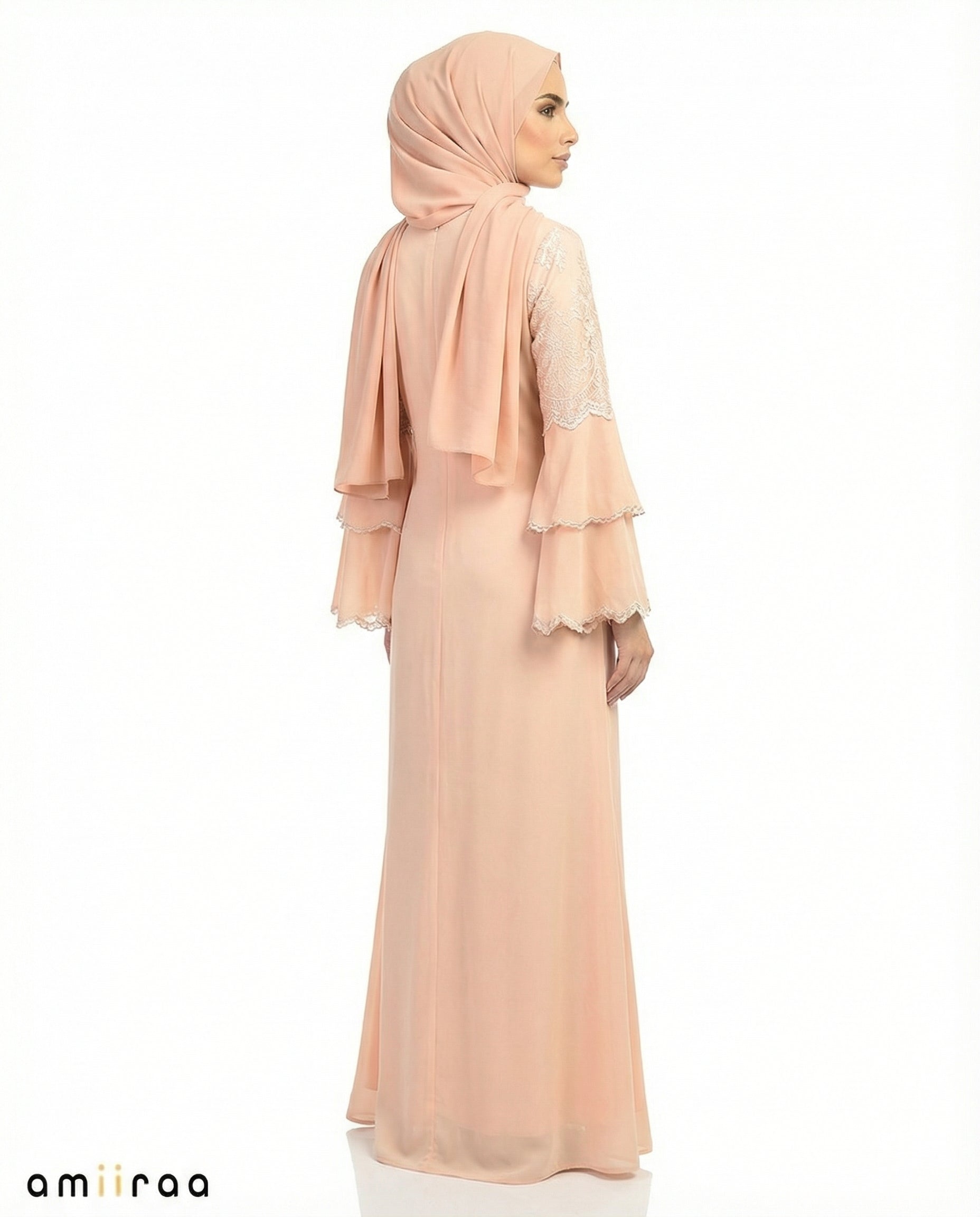 Peach Whip Chiffon Abaya Set with Lace and Stone Detail and Ruffle Bell Sleeve