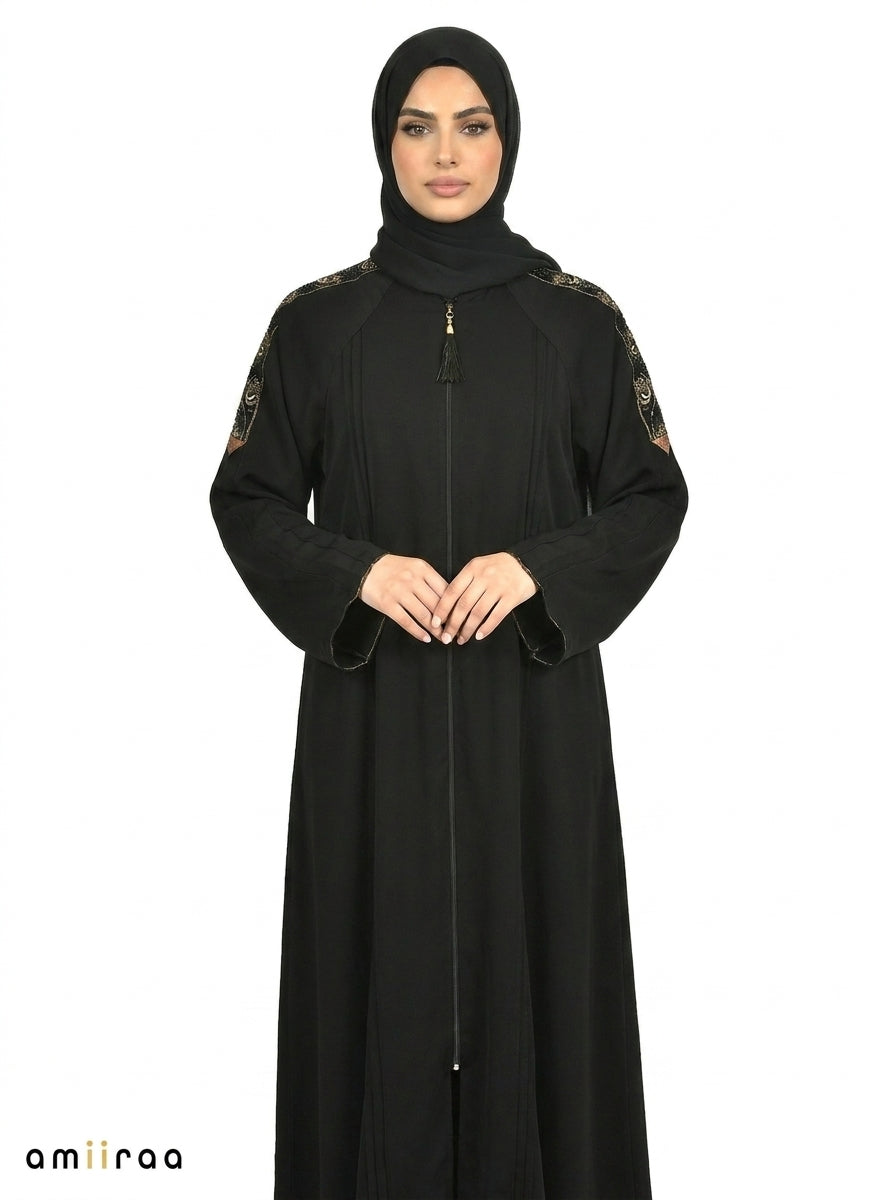 Harvest Gold Detailed Embroidered Abaya Pleated Sleeve Cuffs
