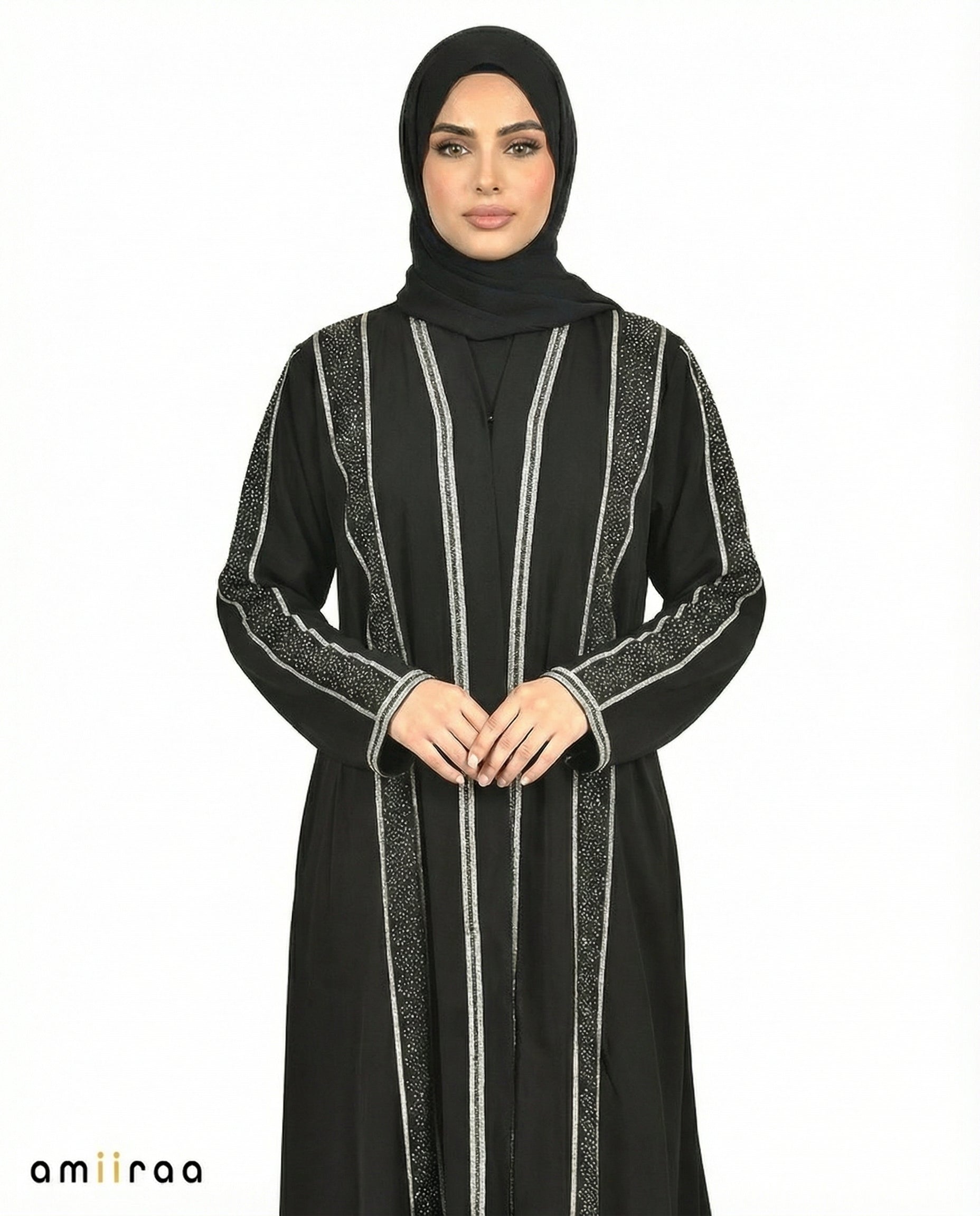 Anthracite Stone Embellished 2 Piece Abaya with Belt