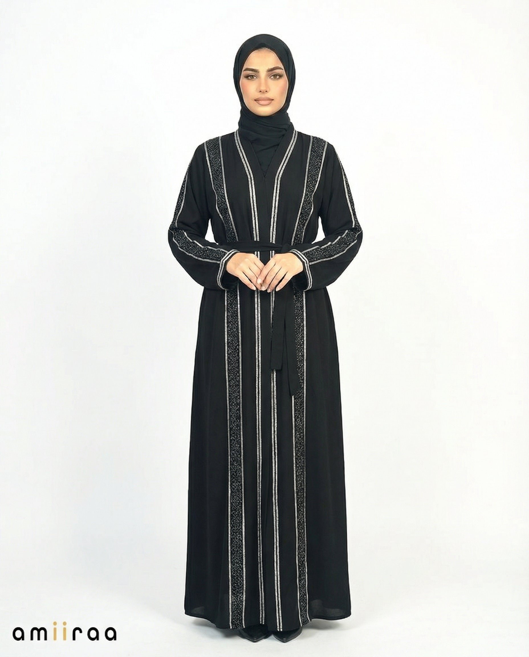 Anthracite Stone Embellished 2 Piece Abaya with Belt