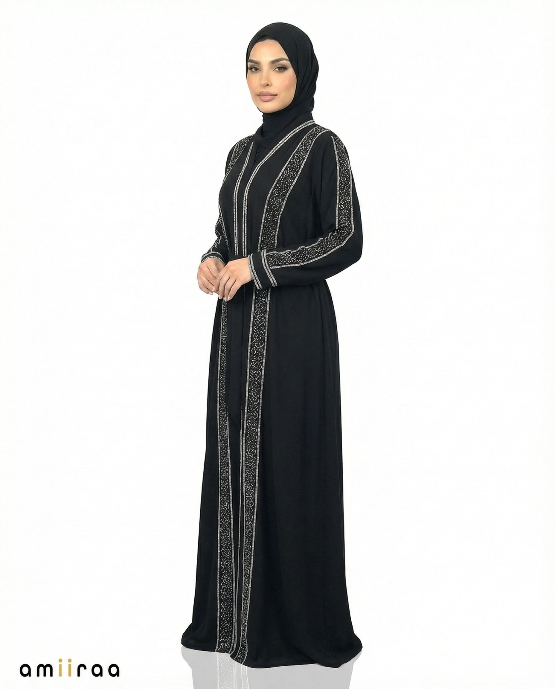 Anthracite Stone Embellished 2 Piece Abaya with Belt