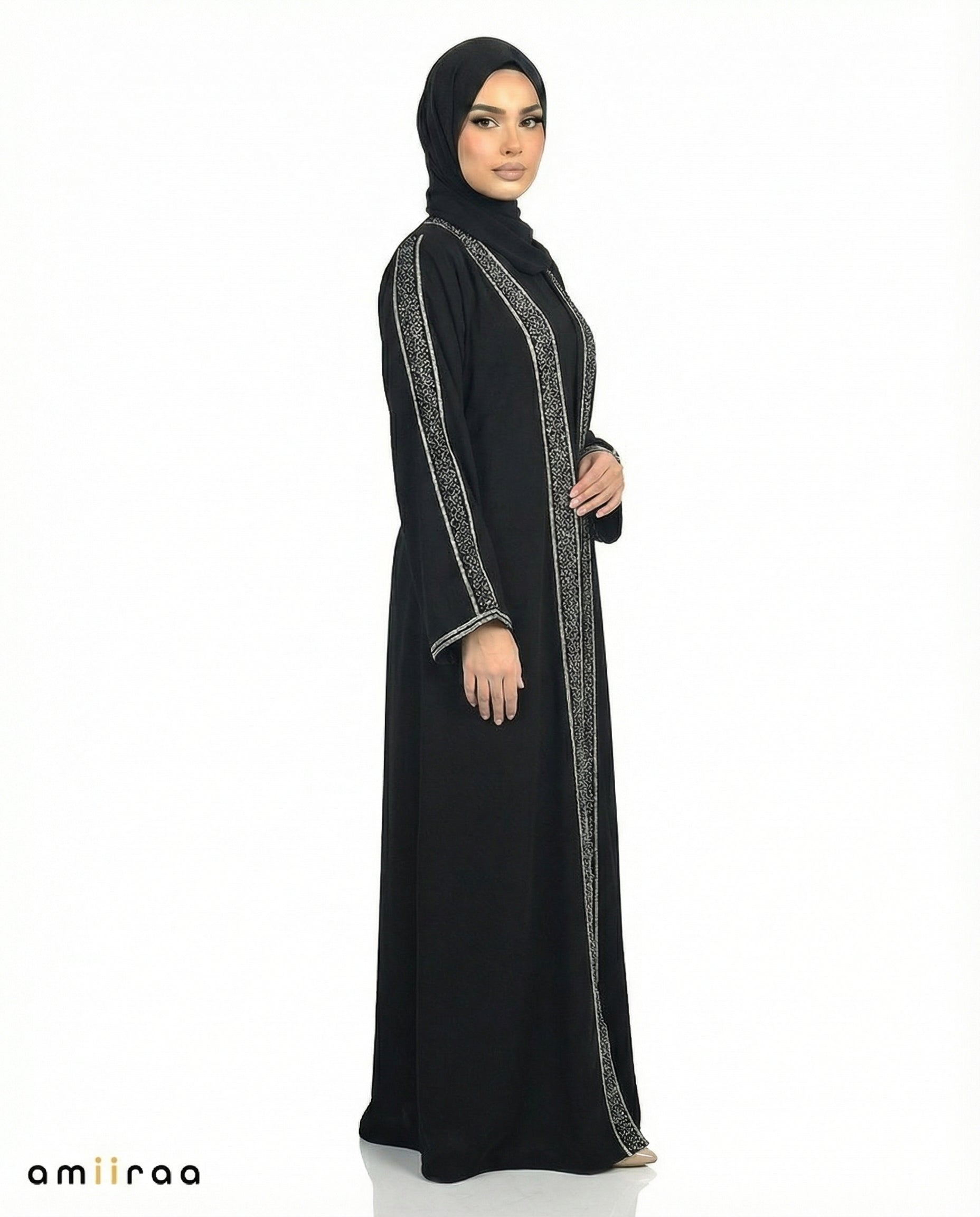 Anthracite Stone Embellished 2 Piece Abaya with Belt