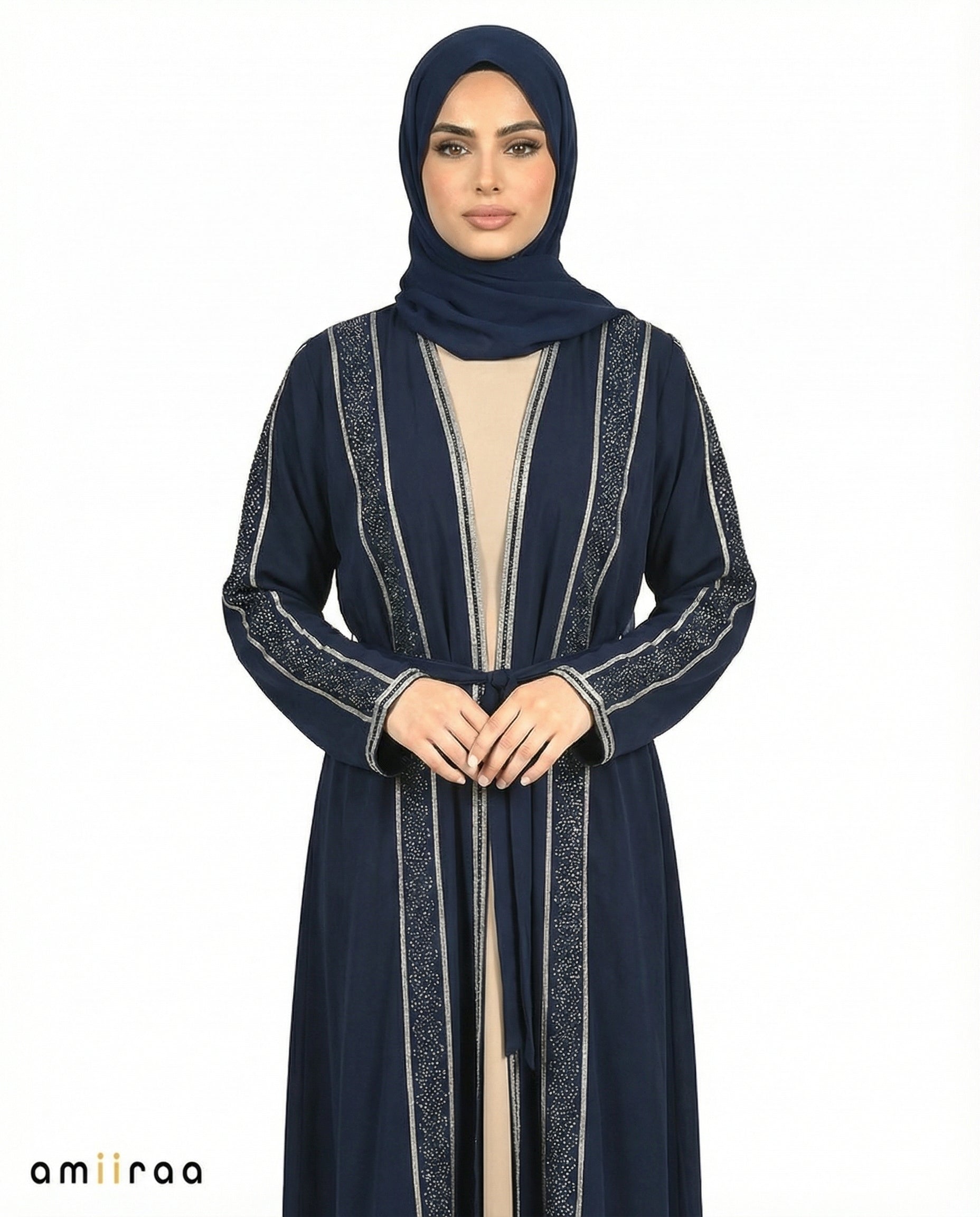 Stone Embellished 2 Piece Abaya with Belt - Dress Blues