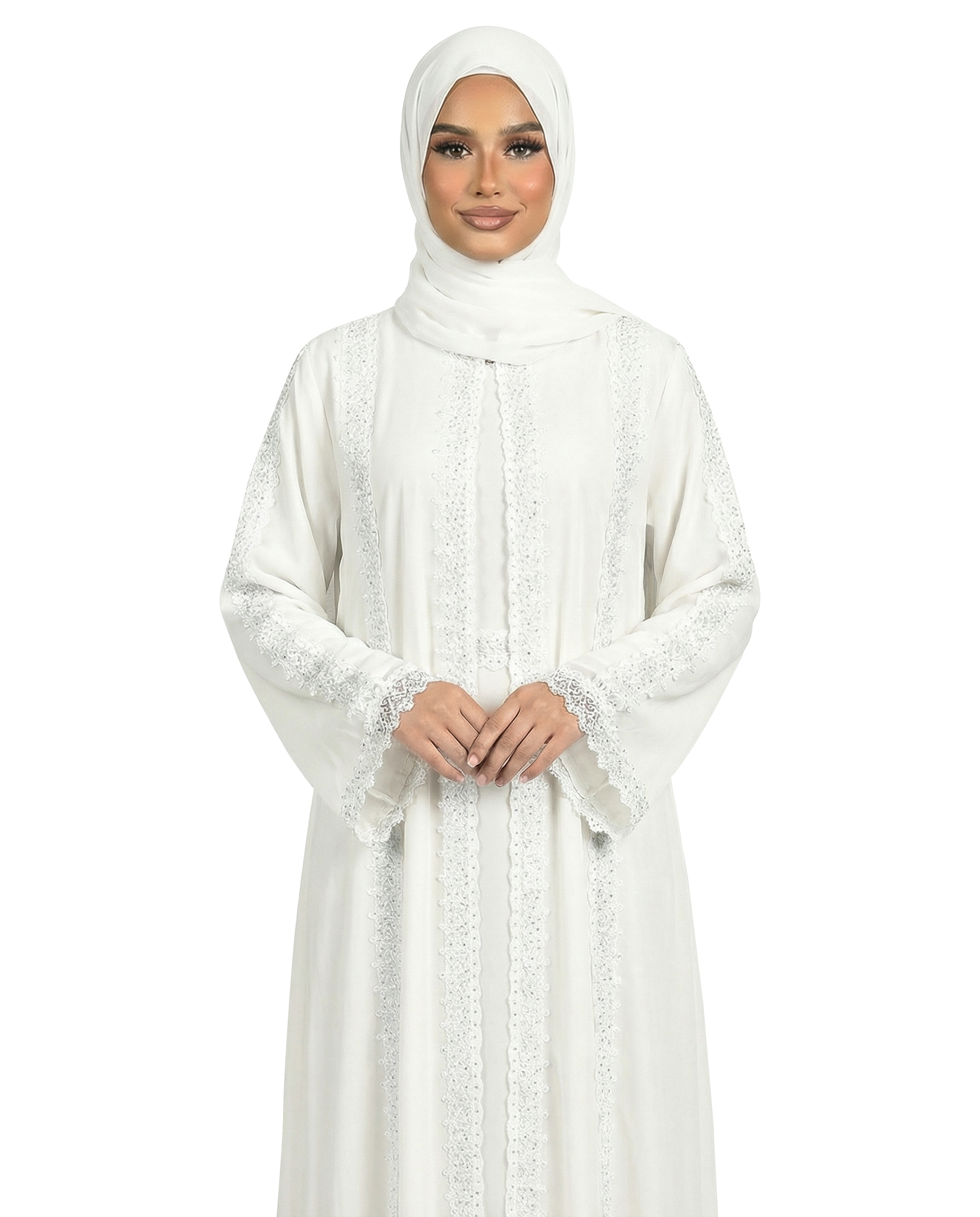 Lace Detailed 3 Piece Modest Chiffon Abaya Set - Bit of Blue