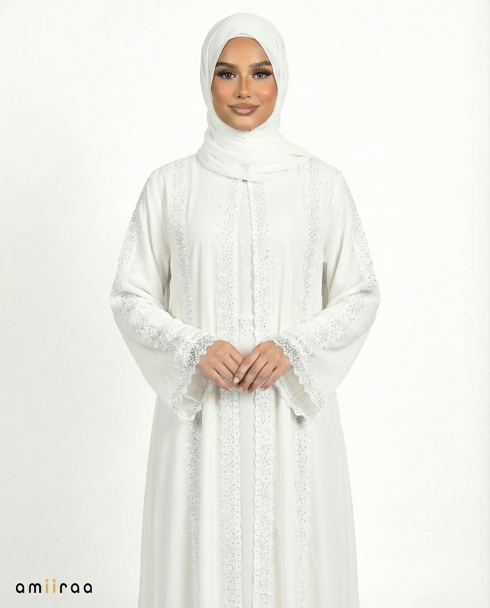 Lace Detailed 3 Piece Modest Chiffon Abaya Set - Bit of Blue