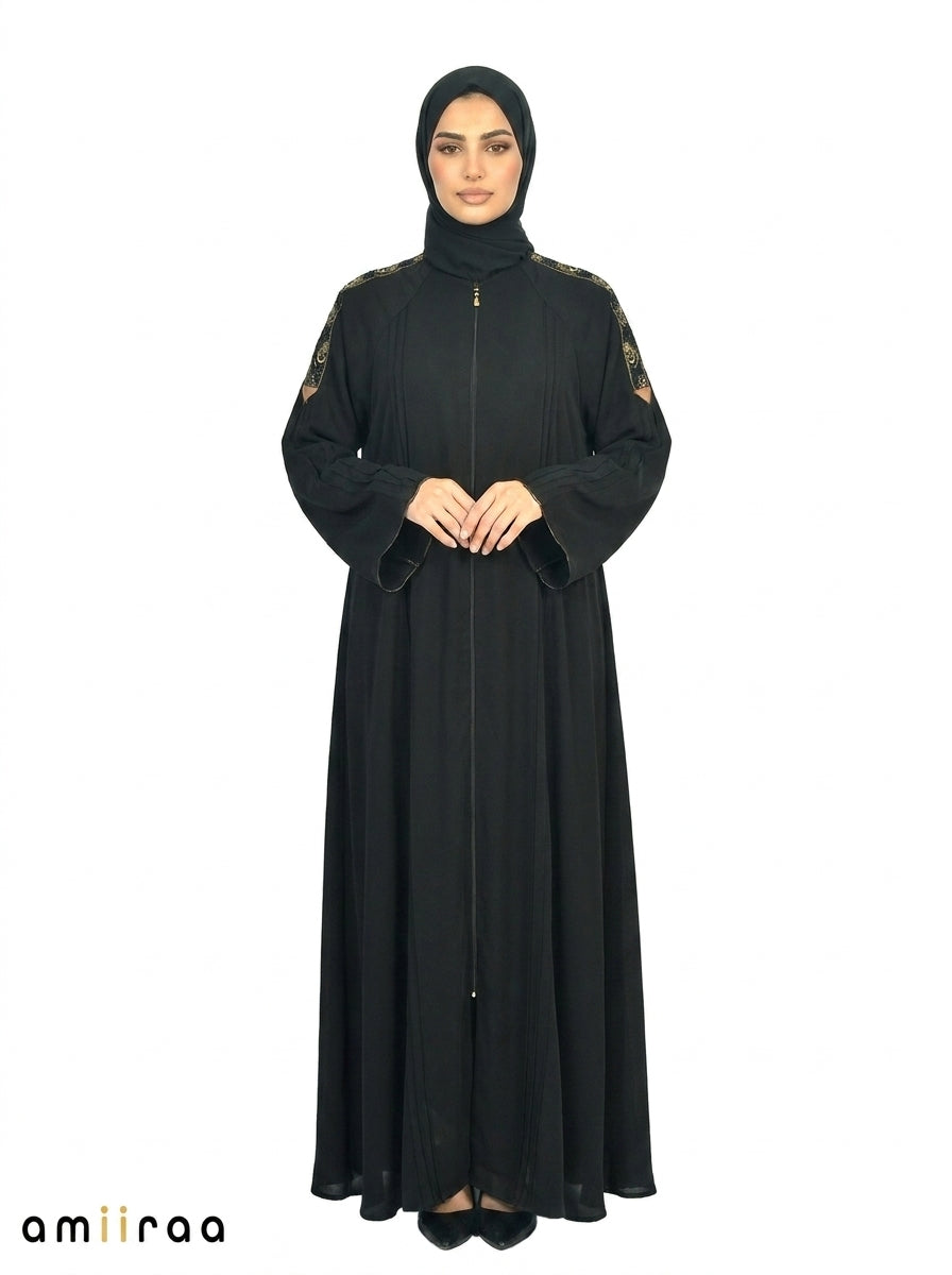 Harvest Gold Detailed Embroidered Abaya Pleated Sleeve Cuffs