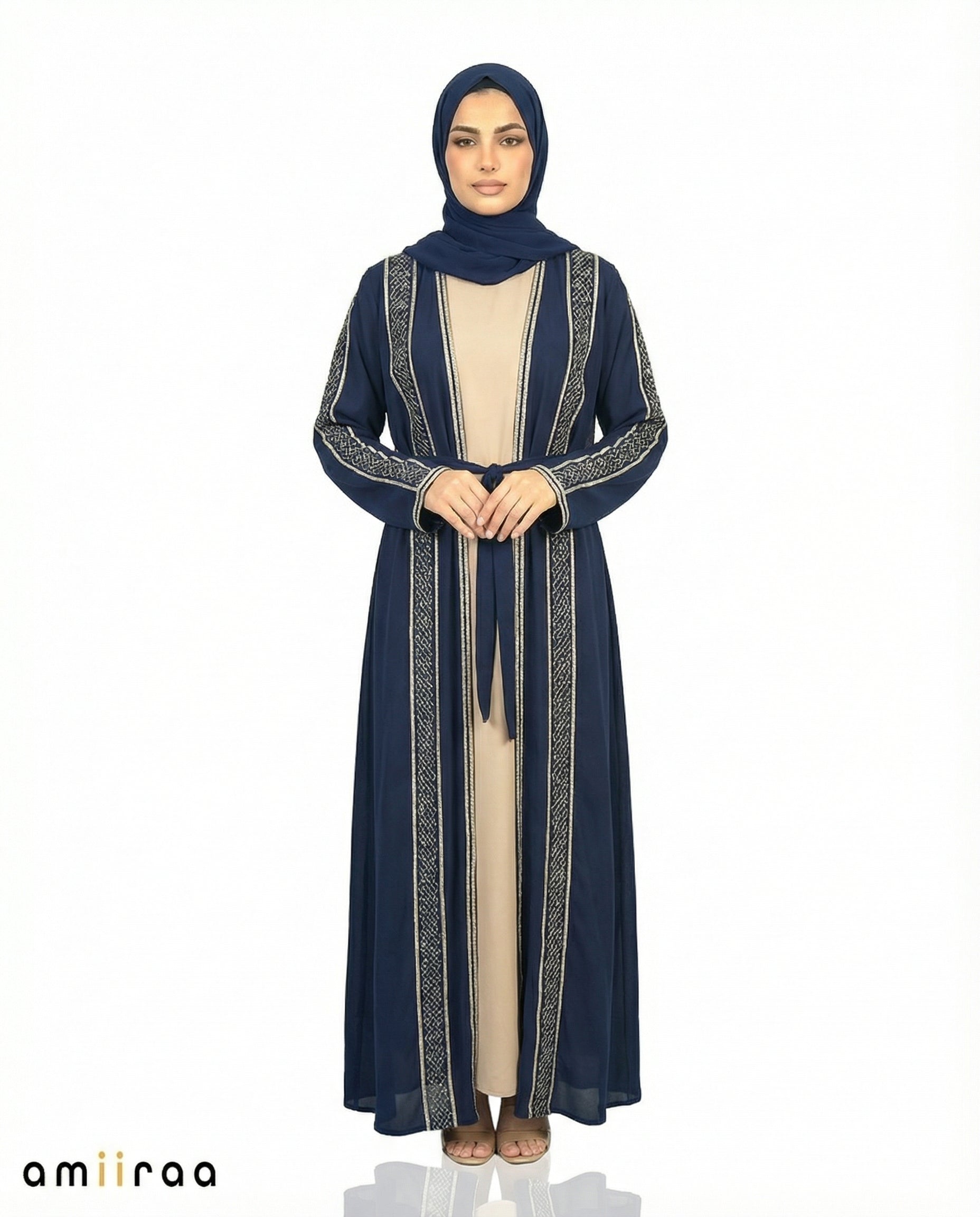 Stone Embellished 2 Piece Abaya with Belt - Dress Blues