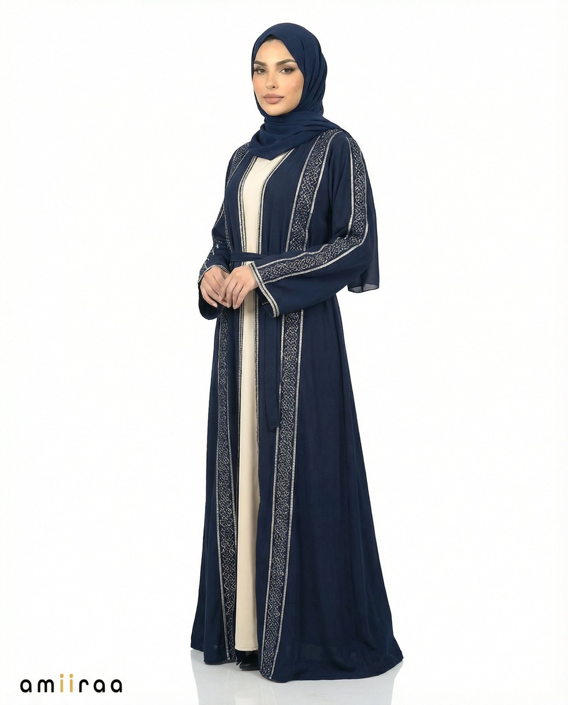 Stone Embellished 2 Piece Abaya with Belt - Dress Blues