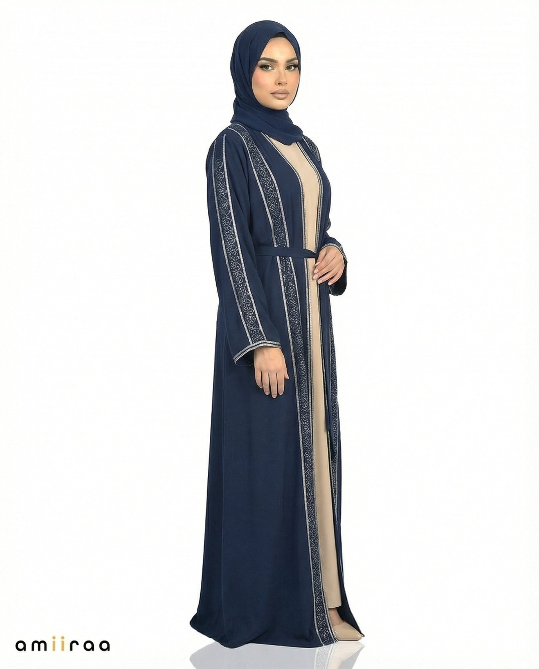 Stone Embellished 2 Piece Abaya with Belt - Dress Blues