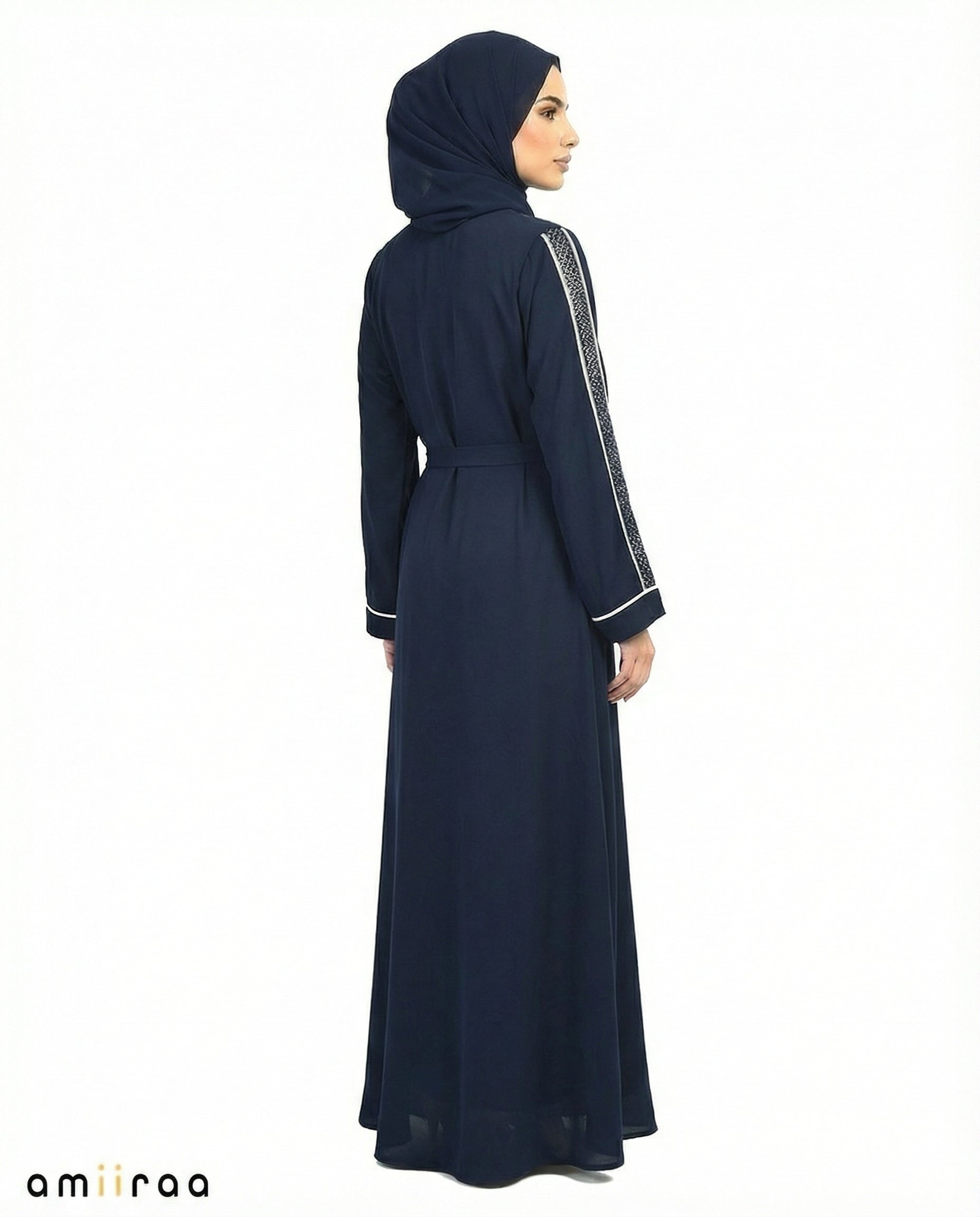 Stone Embellished 2 Piece Abaya with Belt - Dress Blues