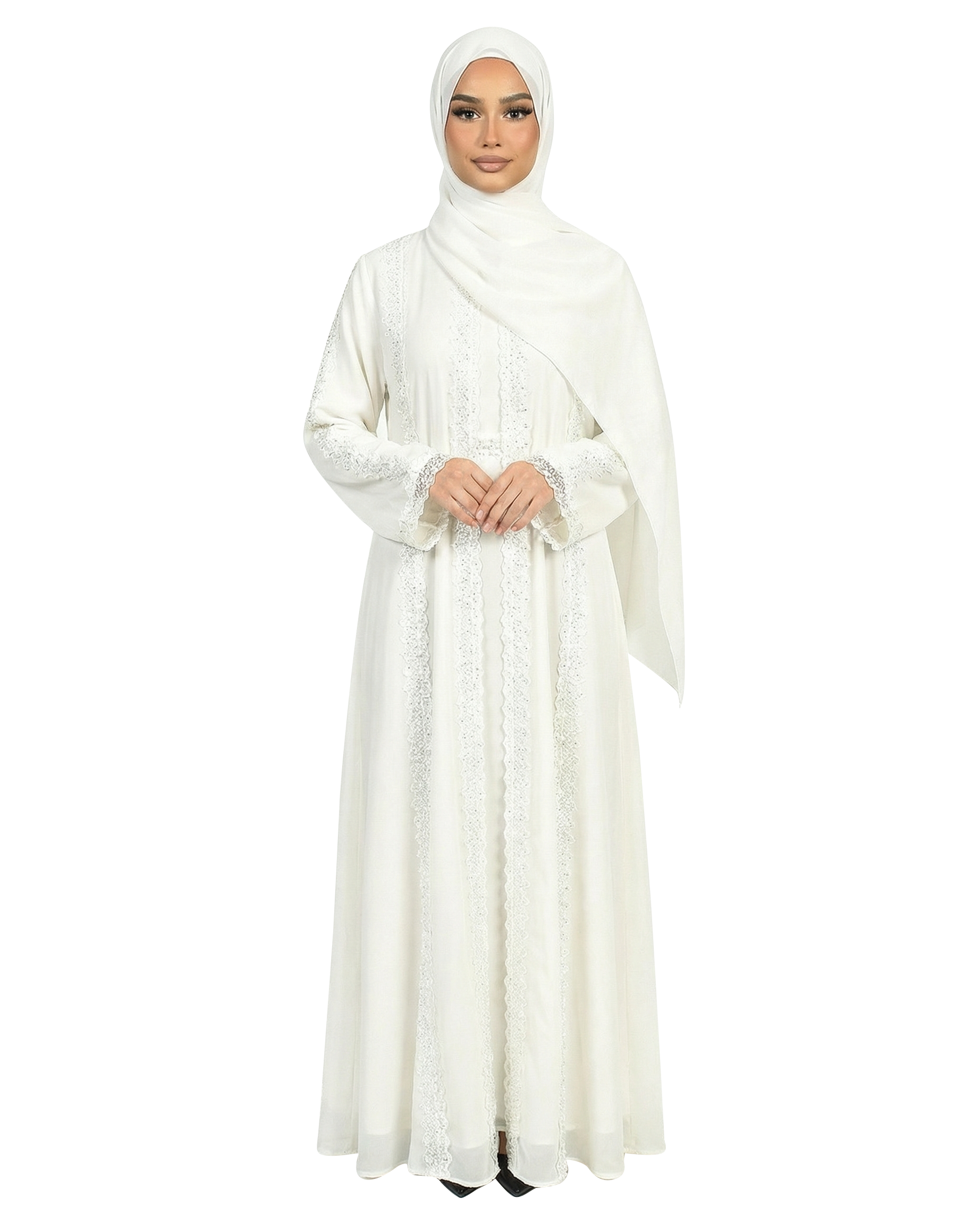 Lace Detailed 3 Piece Modest Chiffon Abaya Set - Bit of Blue