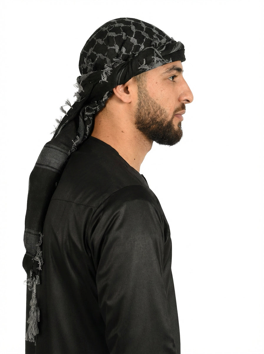 Black Beauty Keffiyeh Pattern Tassel Scarf