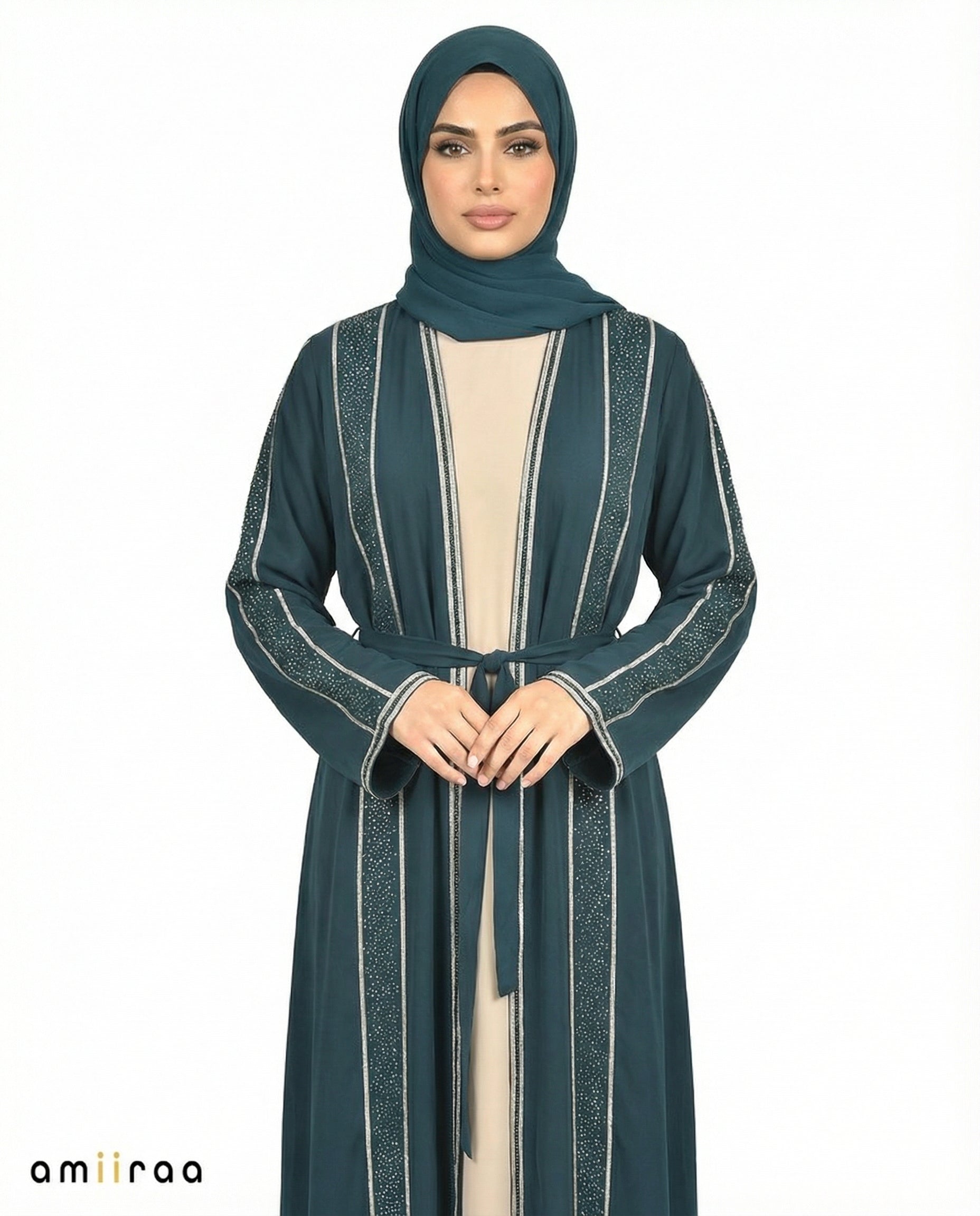 Reflecting Pond Stone Embellished 2 Piece Abaya with Belt