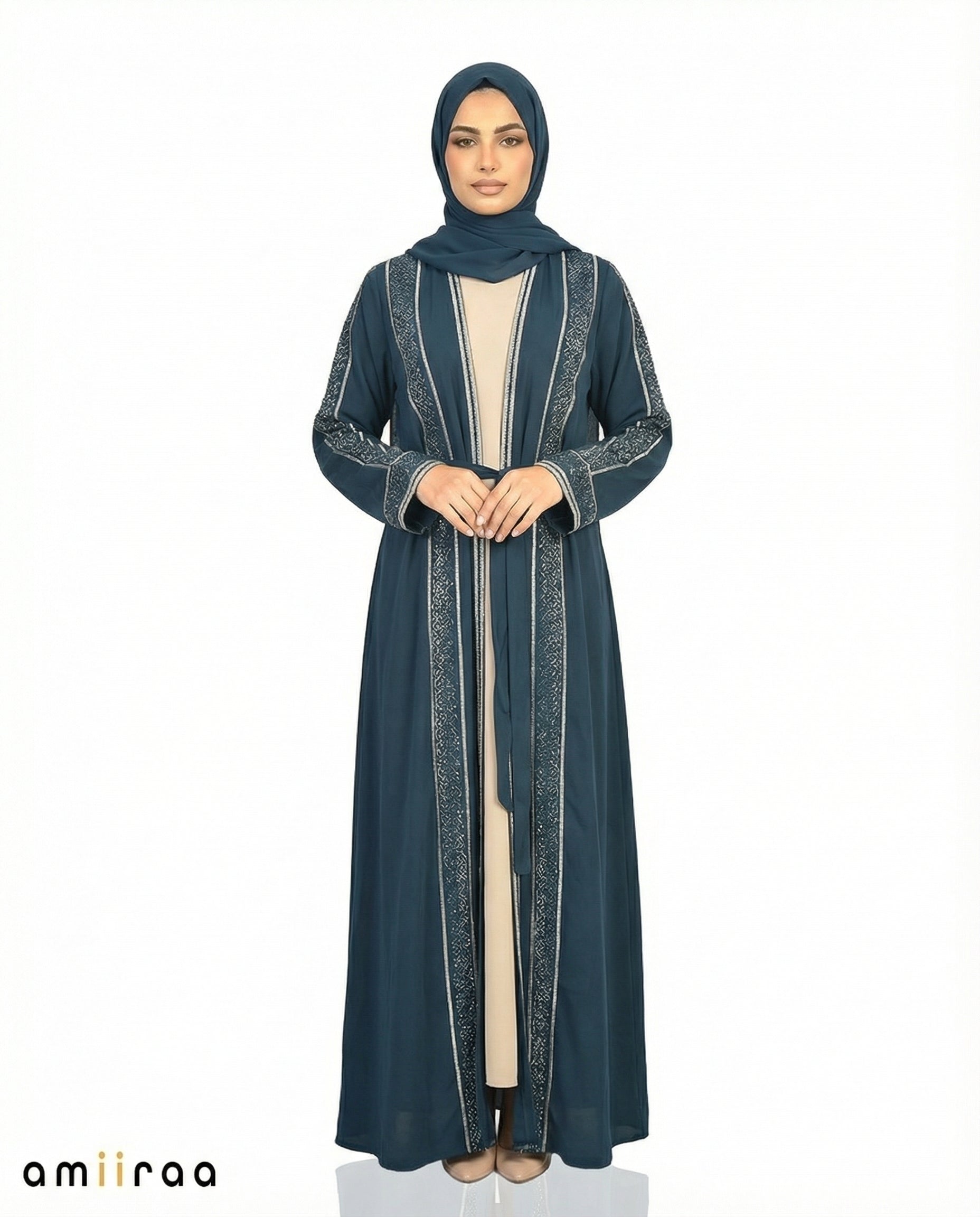 Reflecting Pond Stone Embellished 2 Piece Abaya with Belt