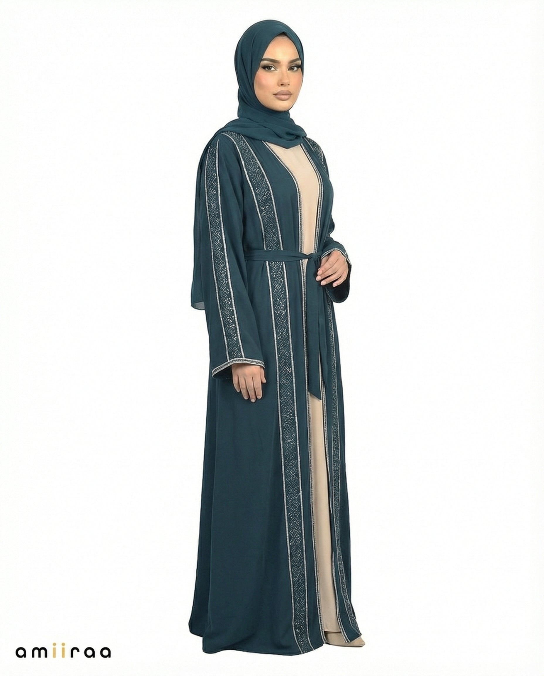 Reflecting Pond Stone Embellished 2 Piece Abaya with Belt