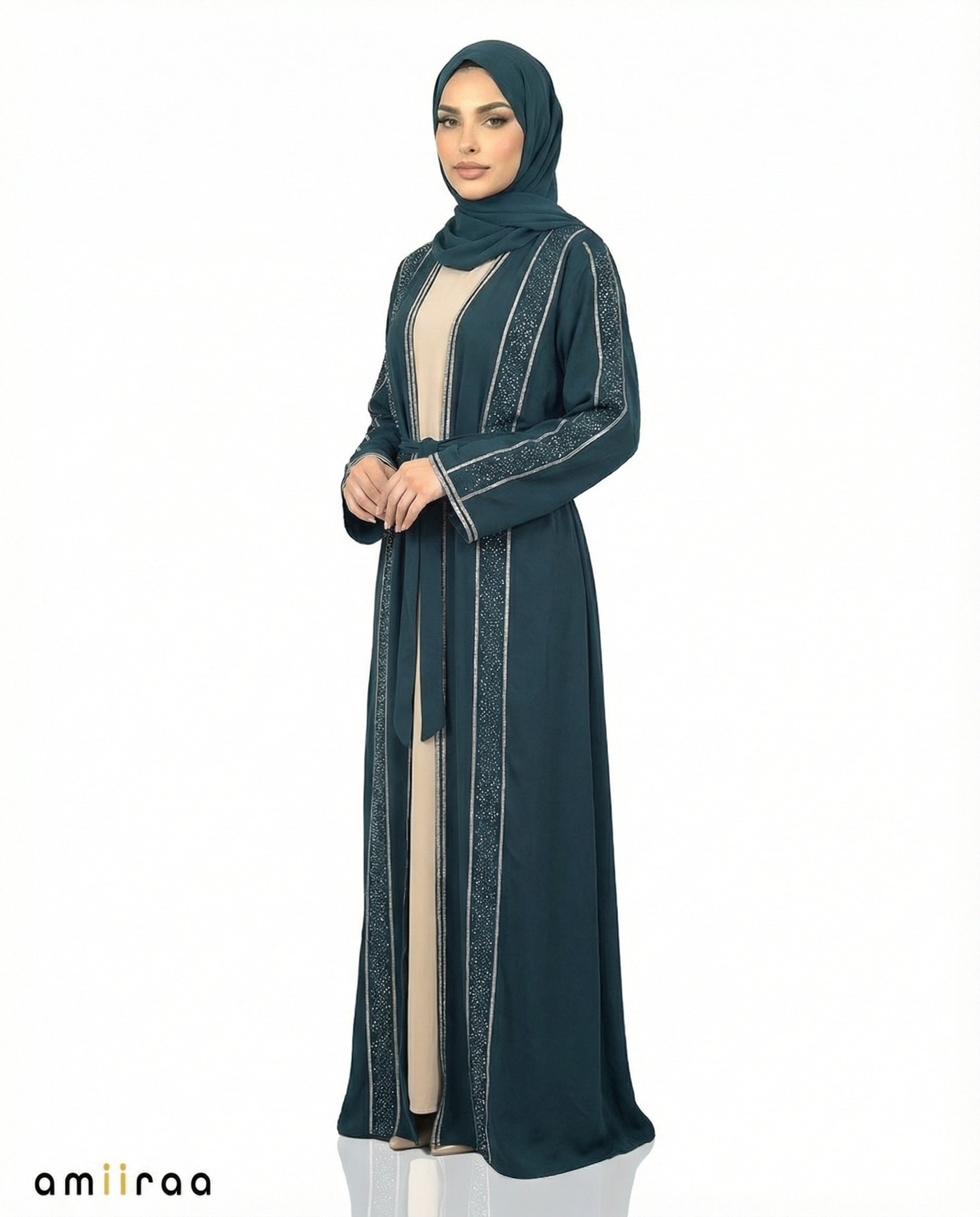 Reflecting Pond Stone Embellished 2 Piece Abaya with Belt