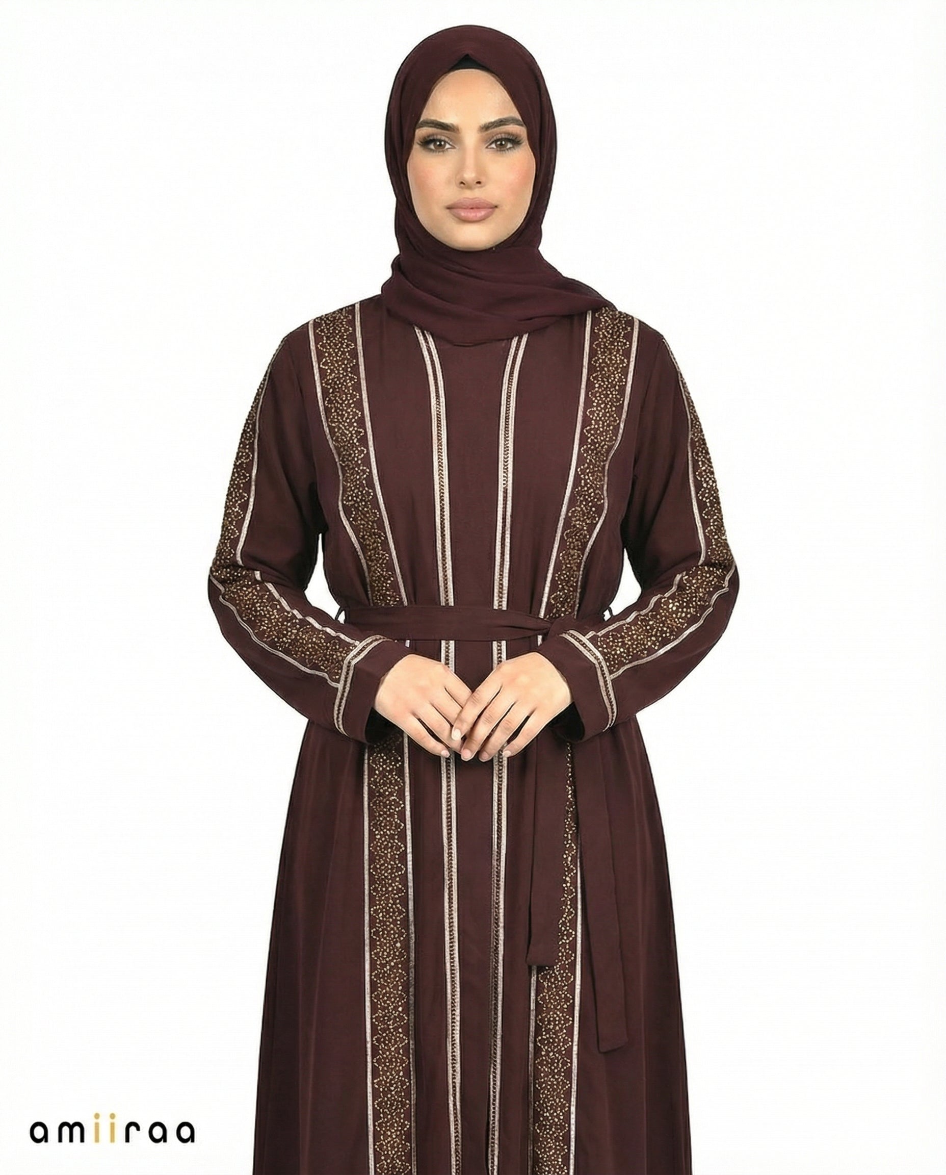 Winetasting Stone Embellished 2 Piece Abaya with Belt